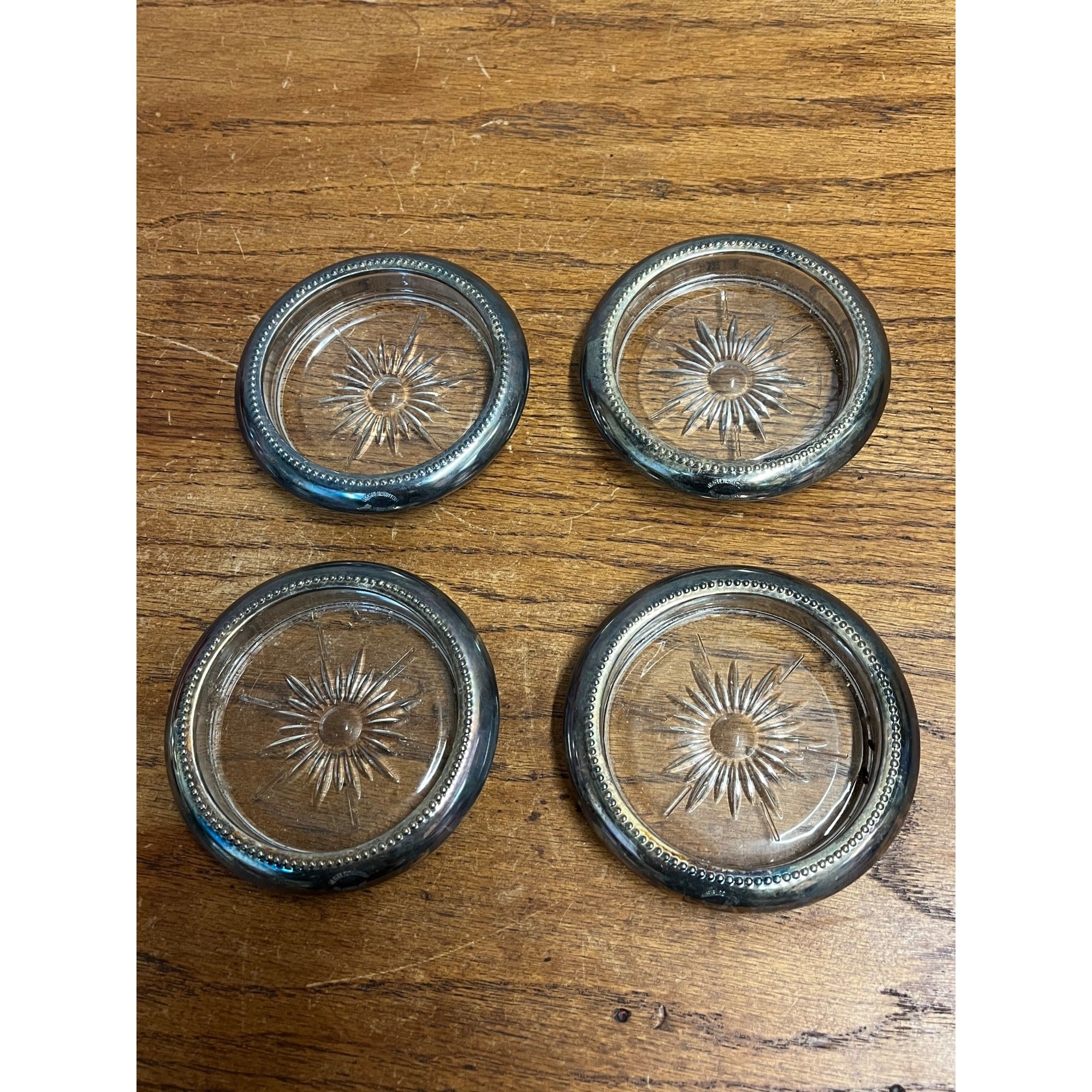 Set Of 4 Vintage Glass & Silver Plated Coasters W&S Blackinton 4" Diameter