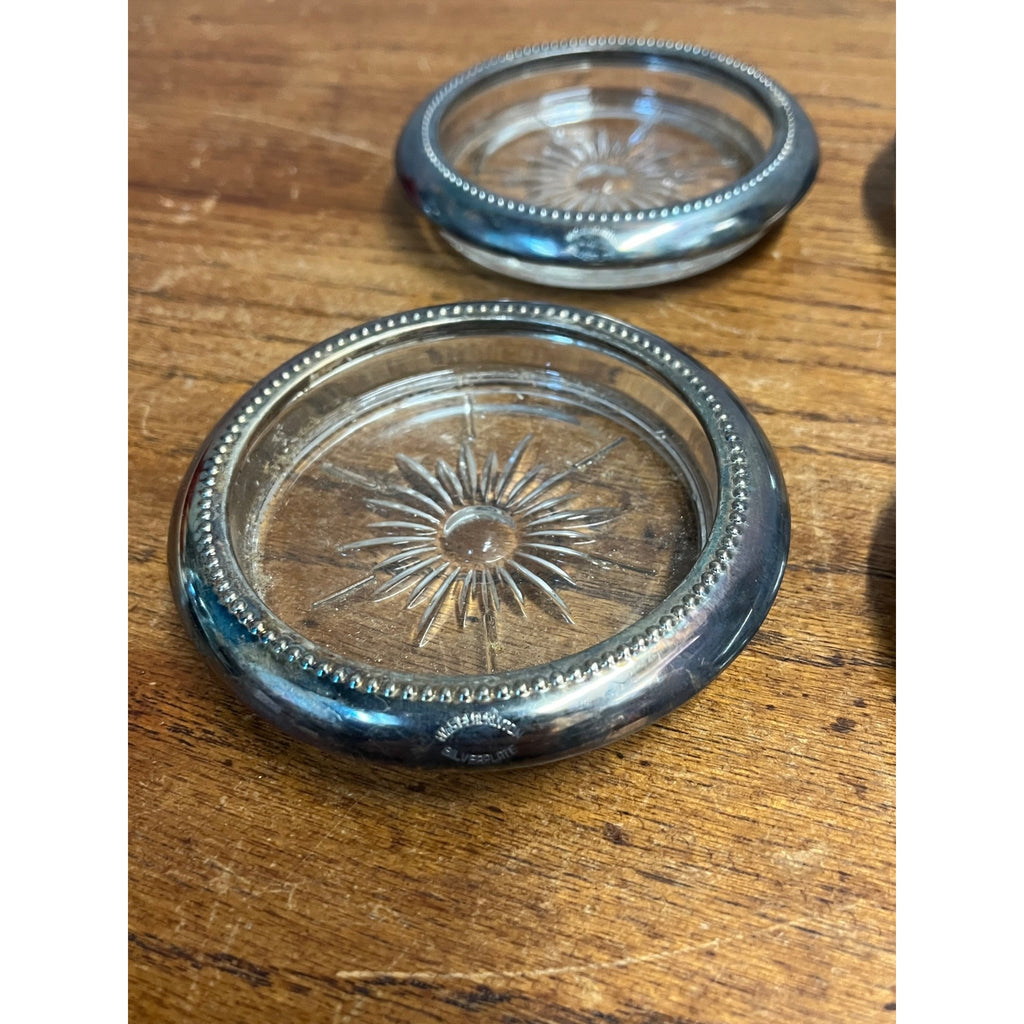 Set Of 4 Vintage Glass & Silver Plated Coasters W&S Blackinton 4" Diameter