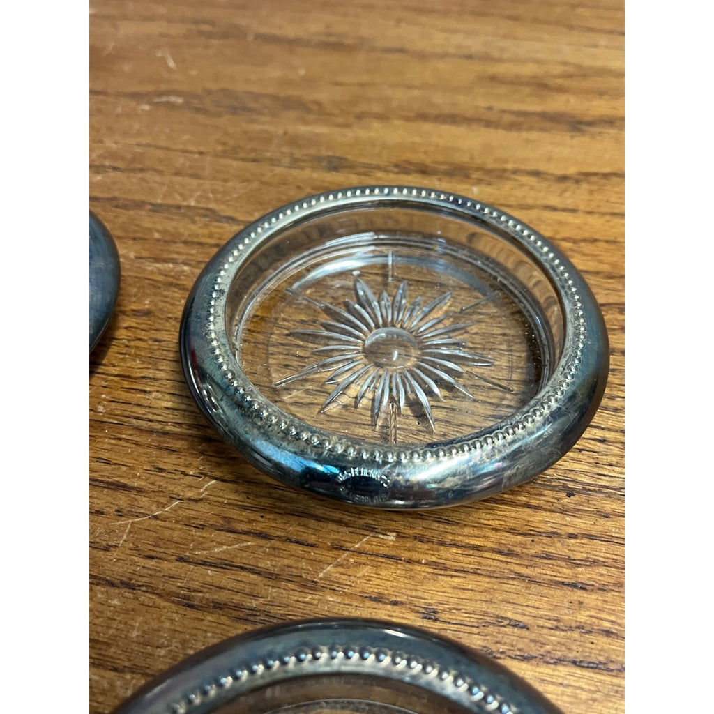 Set Of 4 Vintage Glass & Silver Plated Coasters W&S Blackinton 4" Diameter