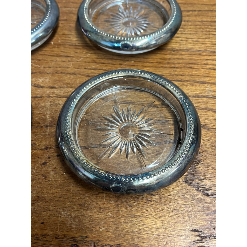 Set Of 4 Vintage Glass & Silver Plated Coasters W&S Blackinton 4" Diameter
