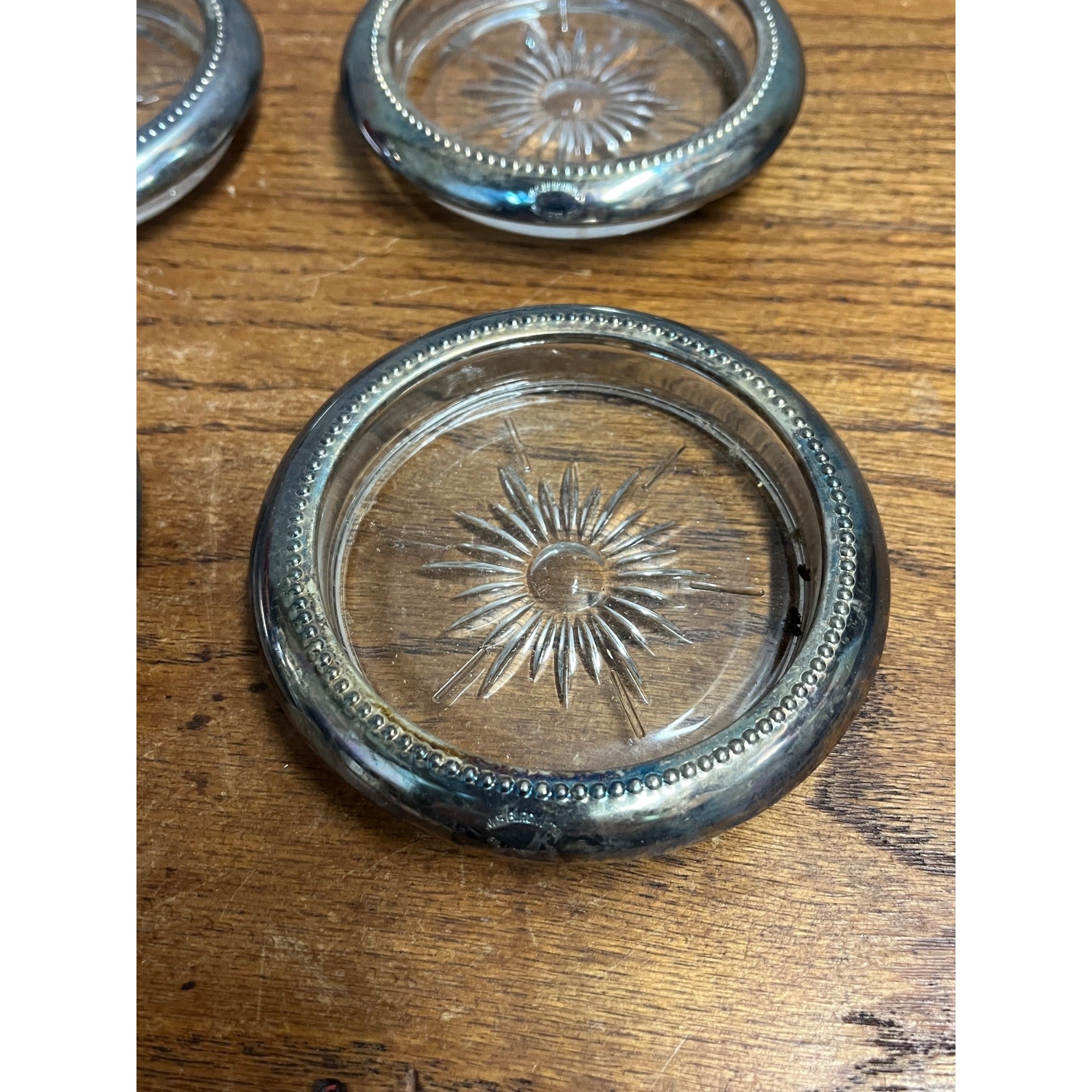 Set Of 4 Vintage Glass & Silver Plated Coasters W&S Blackinton 4" Diameter