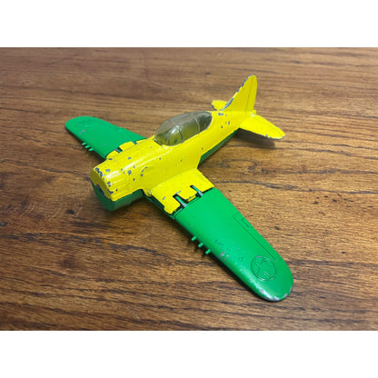 Vintage Hubley Kiddie Toy Die-cast Plane with Folding Wings Wheels Green Yellow