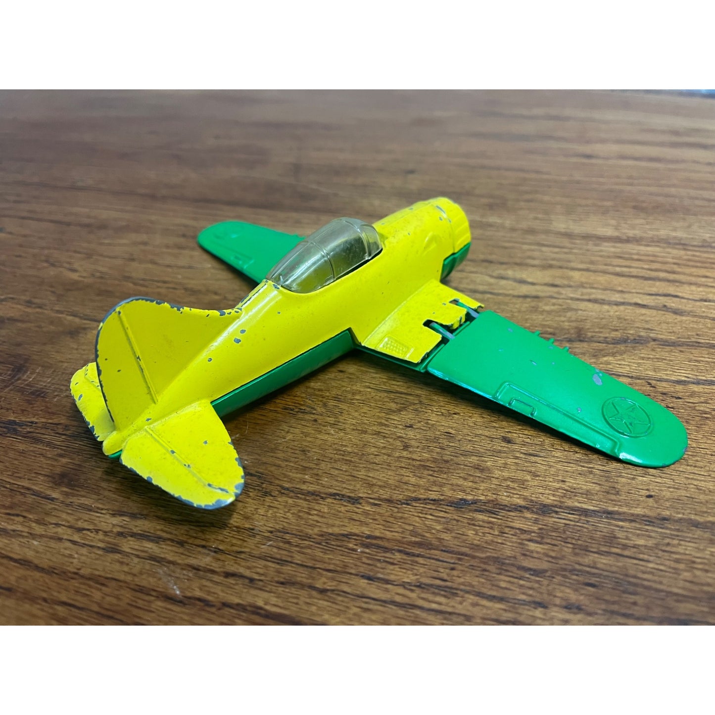 Vintage Hubley Kiddie Toy Die-cast Plane with Folding Wings Wheels Green Yellow