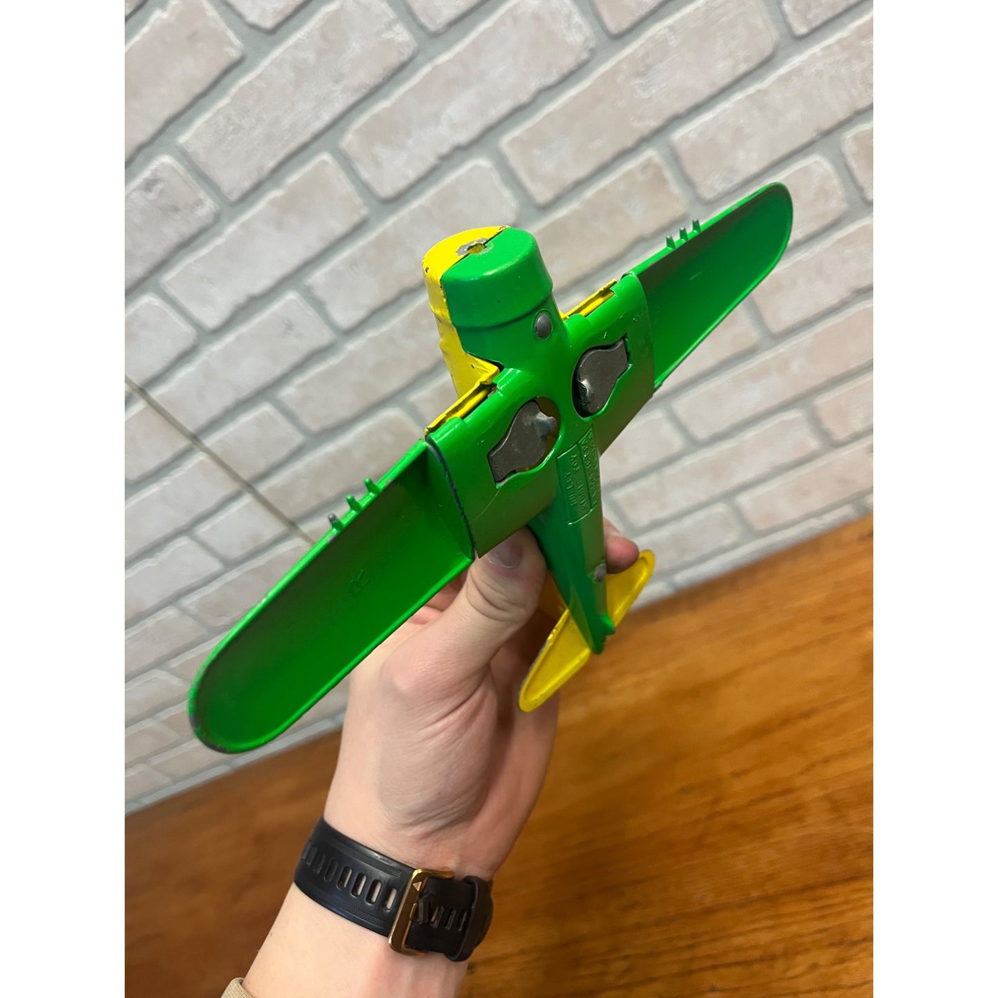 Vintage Hubley Kiddie Toy Die-cast Plane with Folding Wings Wheels Green Yellow