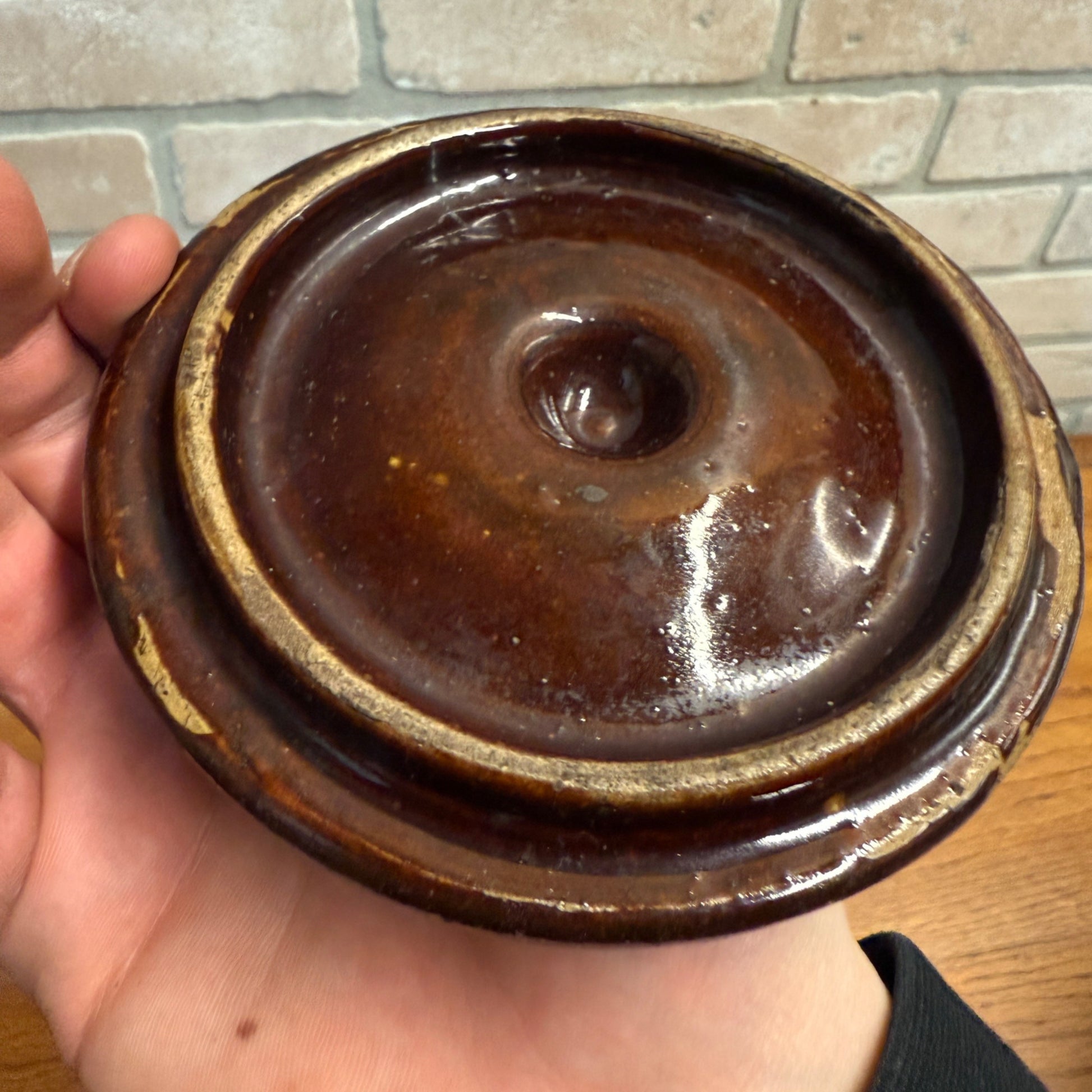 Vintage Storeware Crock Lid Bean Pot Lid Brown "B" - 4.75" Diameter - Tobacco?