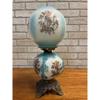 Antique Victorian 1880s Blue & White Milk Glass Cherub Parlor 17" Table Oil Lamp