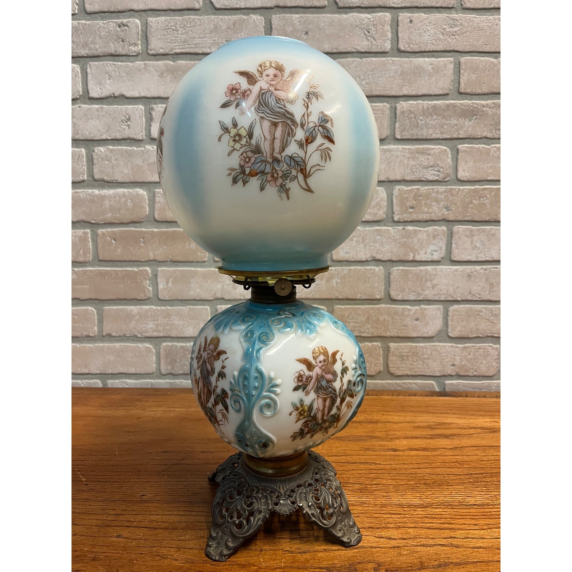 Antique Victorian 1880s Blue & White Milk Glass Cherub Parlor 17" Table Oil Lamp