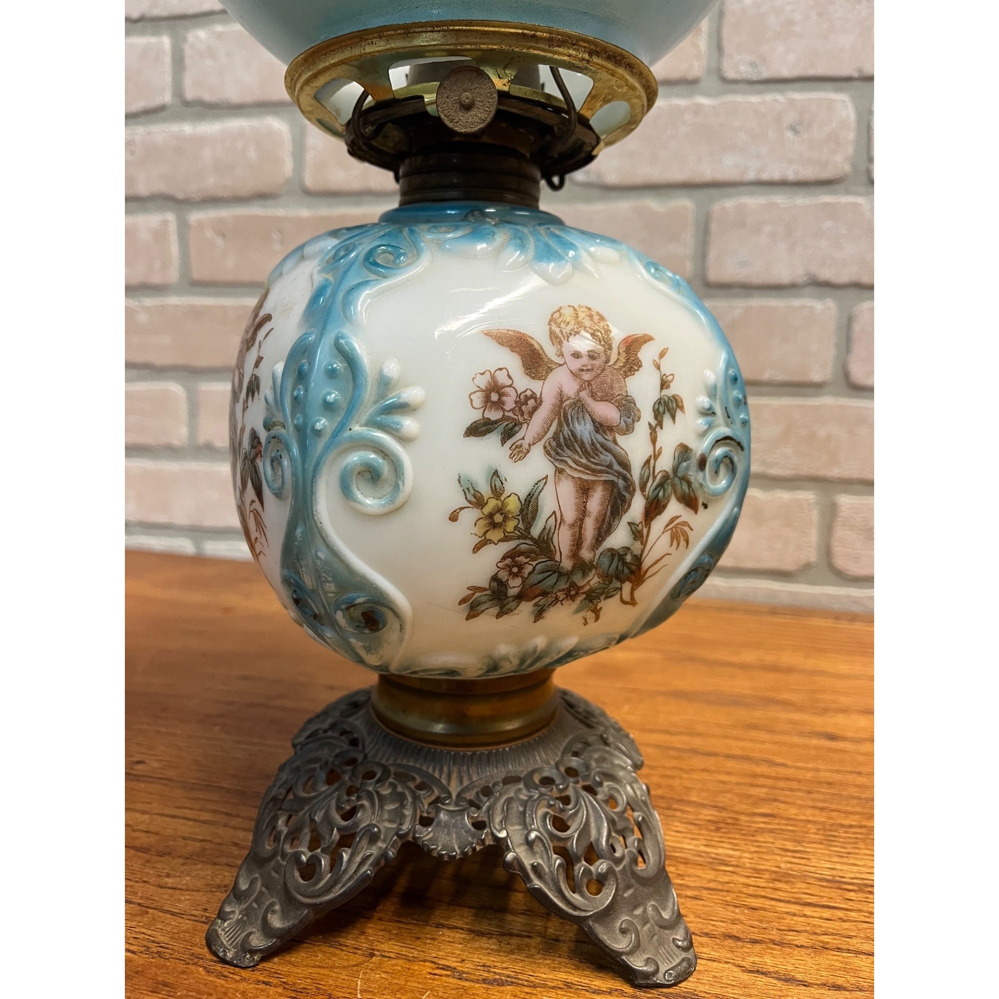 Antique Victorian 1880s Blue & White Milk Glass Cherub Parlor 17" Table Oil Lamp