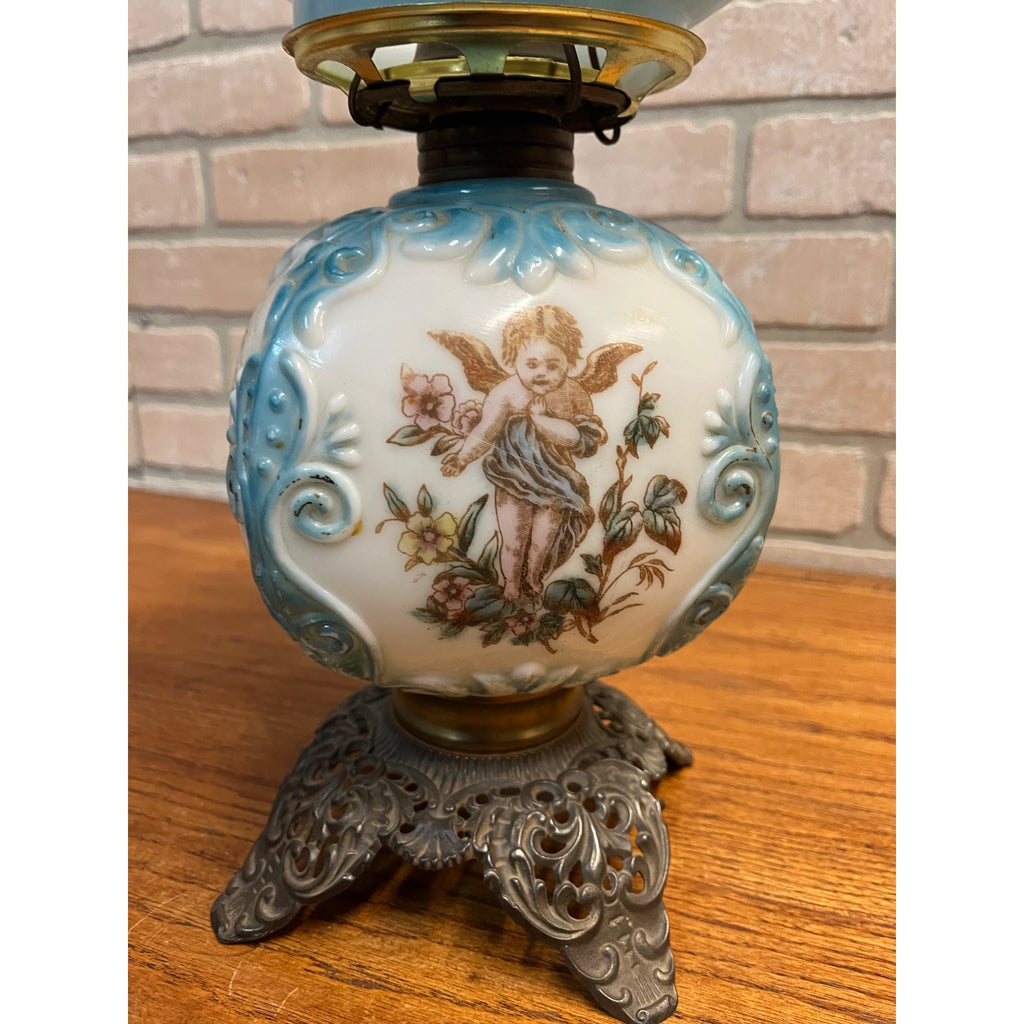 Antique Victorian 1880s Blue & White Milk Glass Cherub Parlor 17" Table Oil Lamp