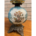 Antique Victorian 1880s Blue & White Milk Glass Cherub Parlor 17" Table Oil Lamp