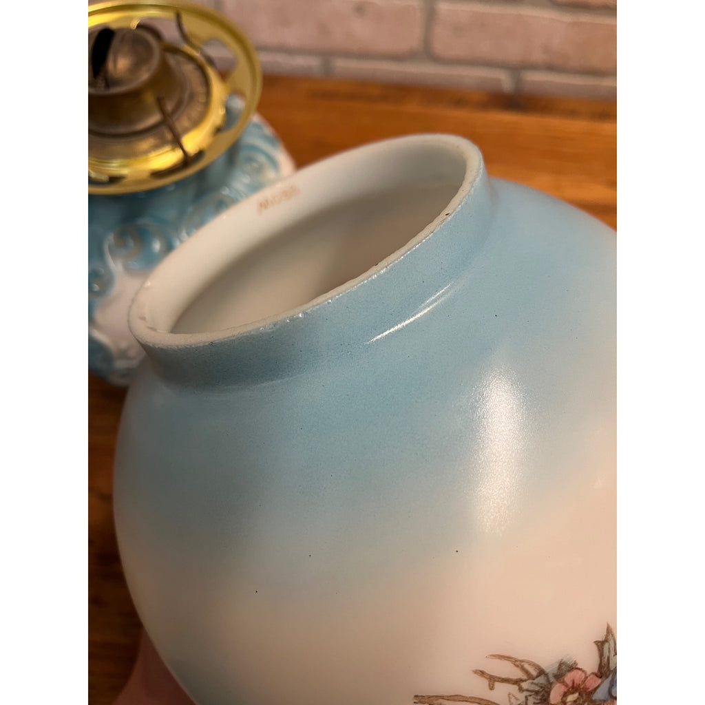 Antique Victorian 1880s Blue & White Milk Glass Cherub Parlor 17" Table Oil Lamp
