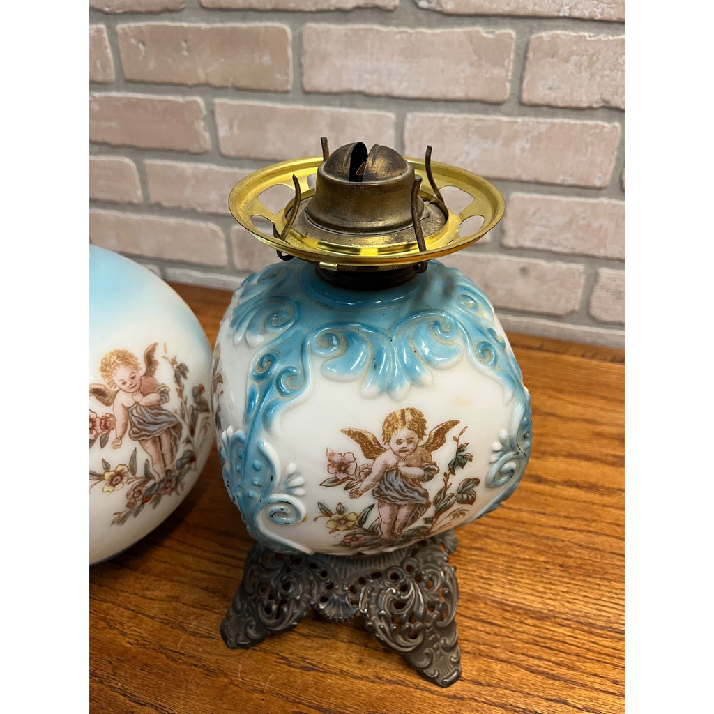 Antique Victorian 1880s Blue & White Milk Glass Cherub Parlor 17" Table Oil Lamp