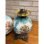 Antique Victorian 1880s Blue & White Milk Glass Cherub Parlor 17" Table Oil Lamp