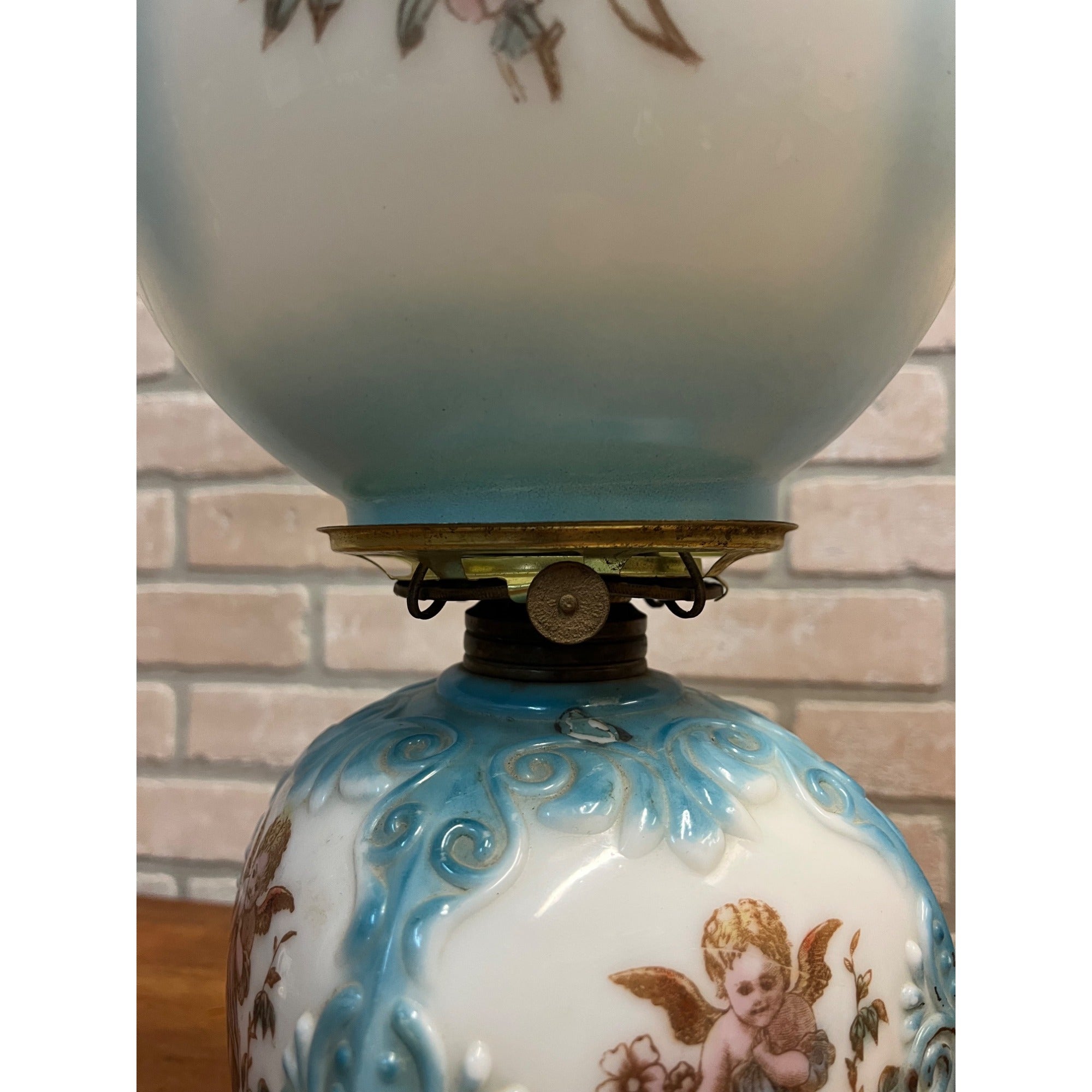 Antique Victorian 1880s Blue & White Milk Glass Cherub Parlor 17" Table Oil Lamp