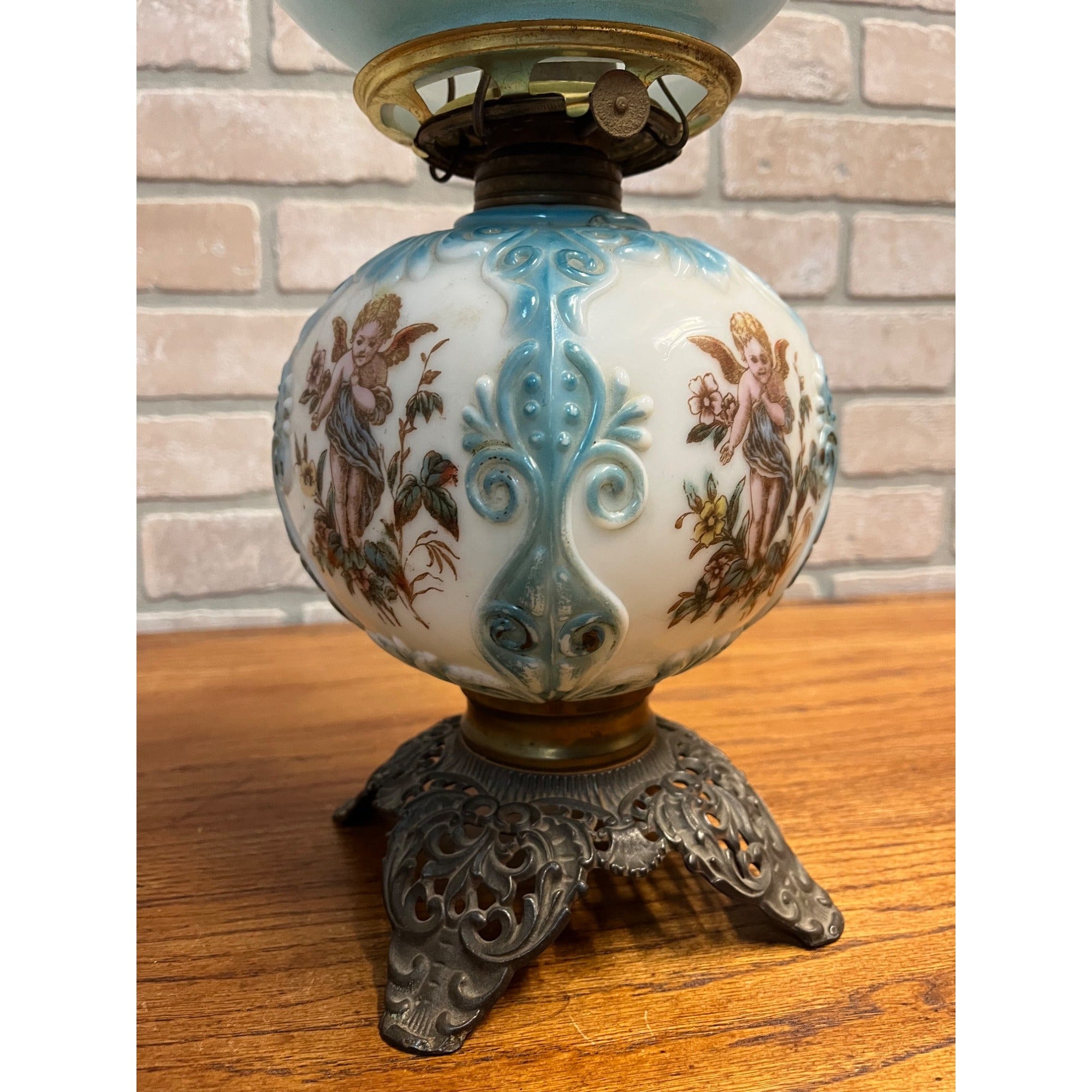 Antique Victorian 1880s Blue & White Milk Glass Cherub Parlor 17" Table Oil Lamp