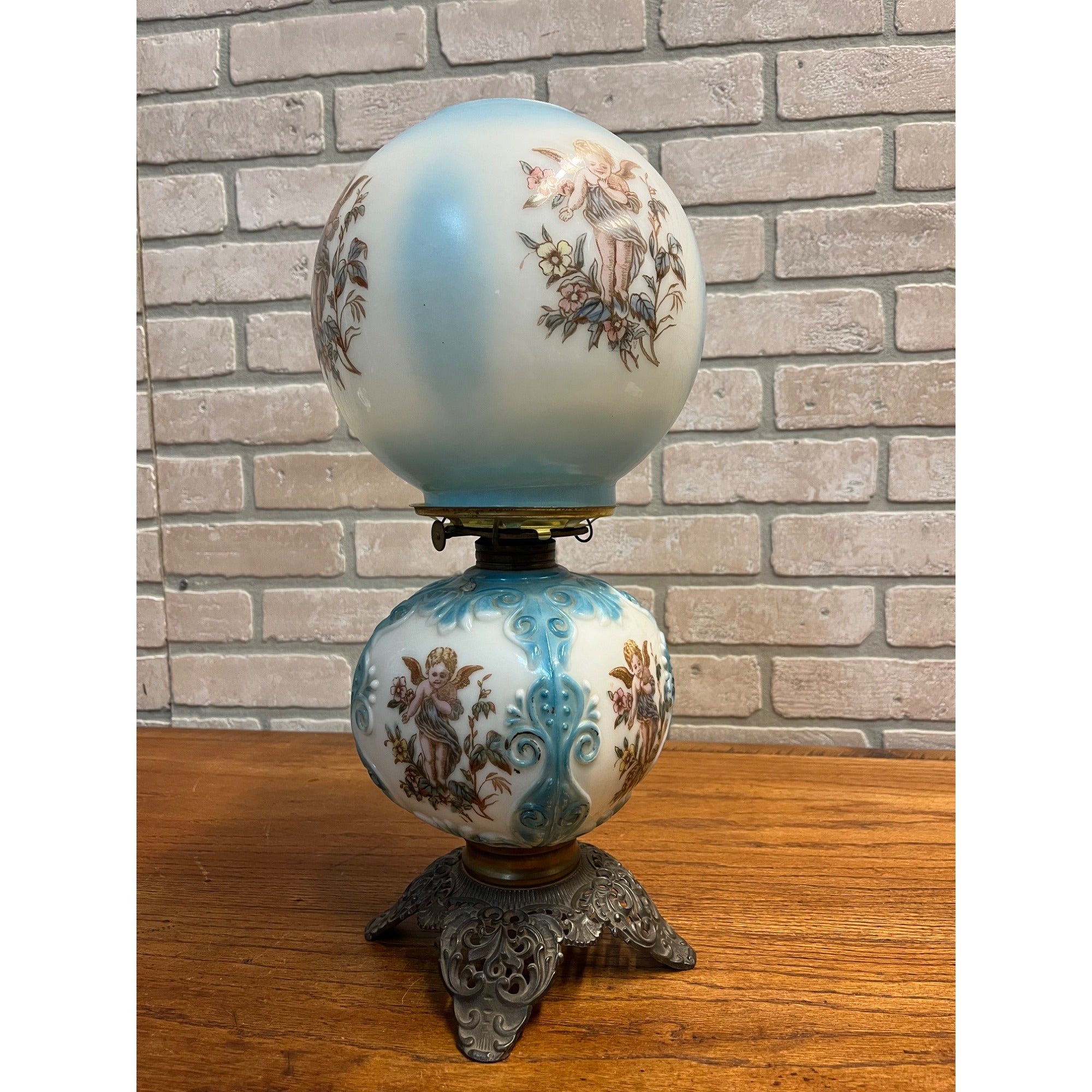 Antique Victorian 1880s Blue & White Milk Glass Cherub Parlor 17" Table Oil Lamp