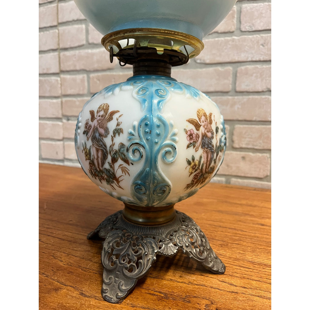 Antique Victorian 1880s Blue & White Milk Glass Cherub Parlor 17" Table Oil Lamp