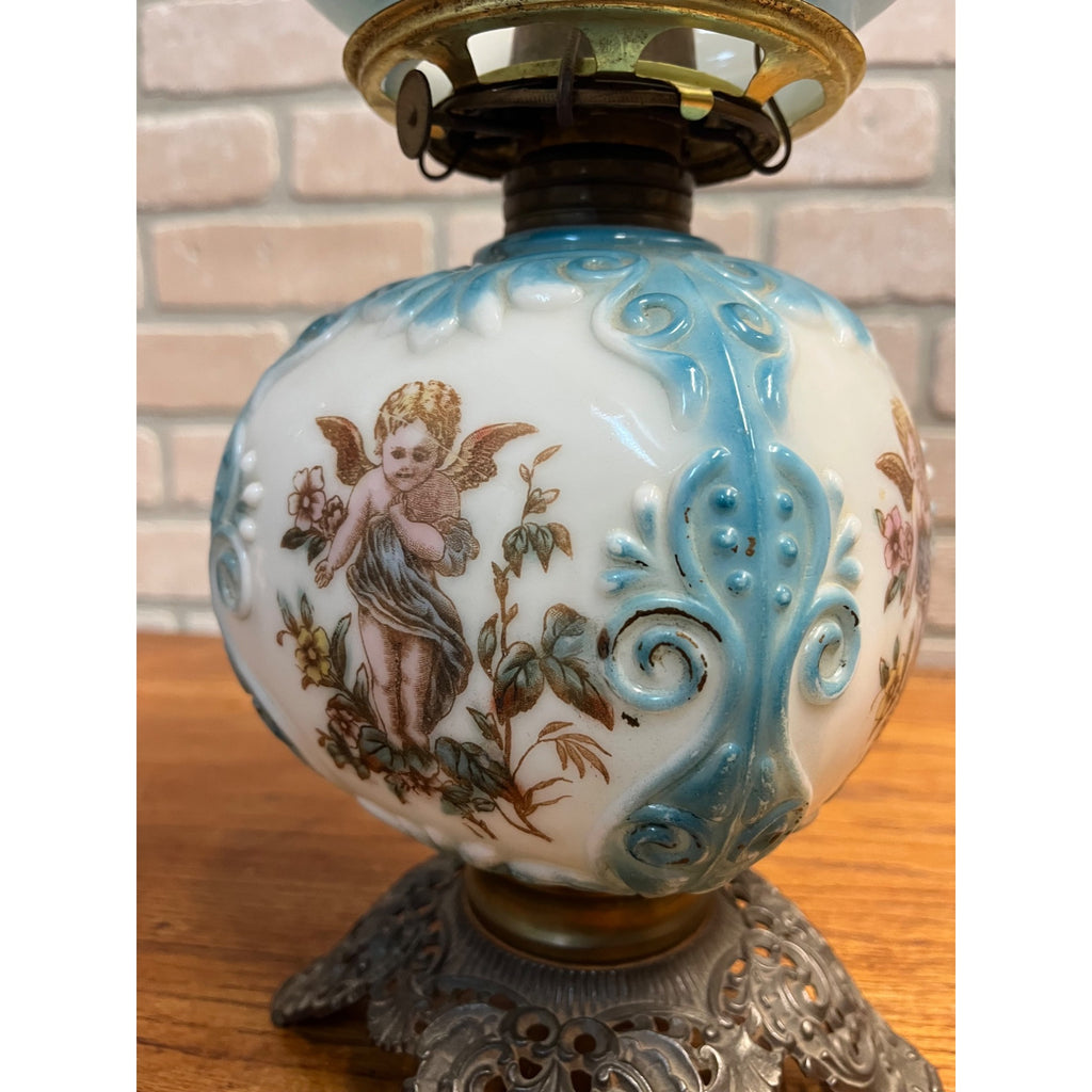 Antique Victorian 1880s Blue & White Milk Glass Cherub Parlor 17" Table Oil Lamp