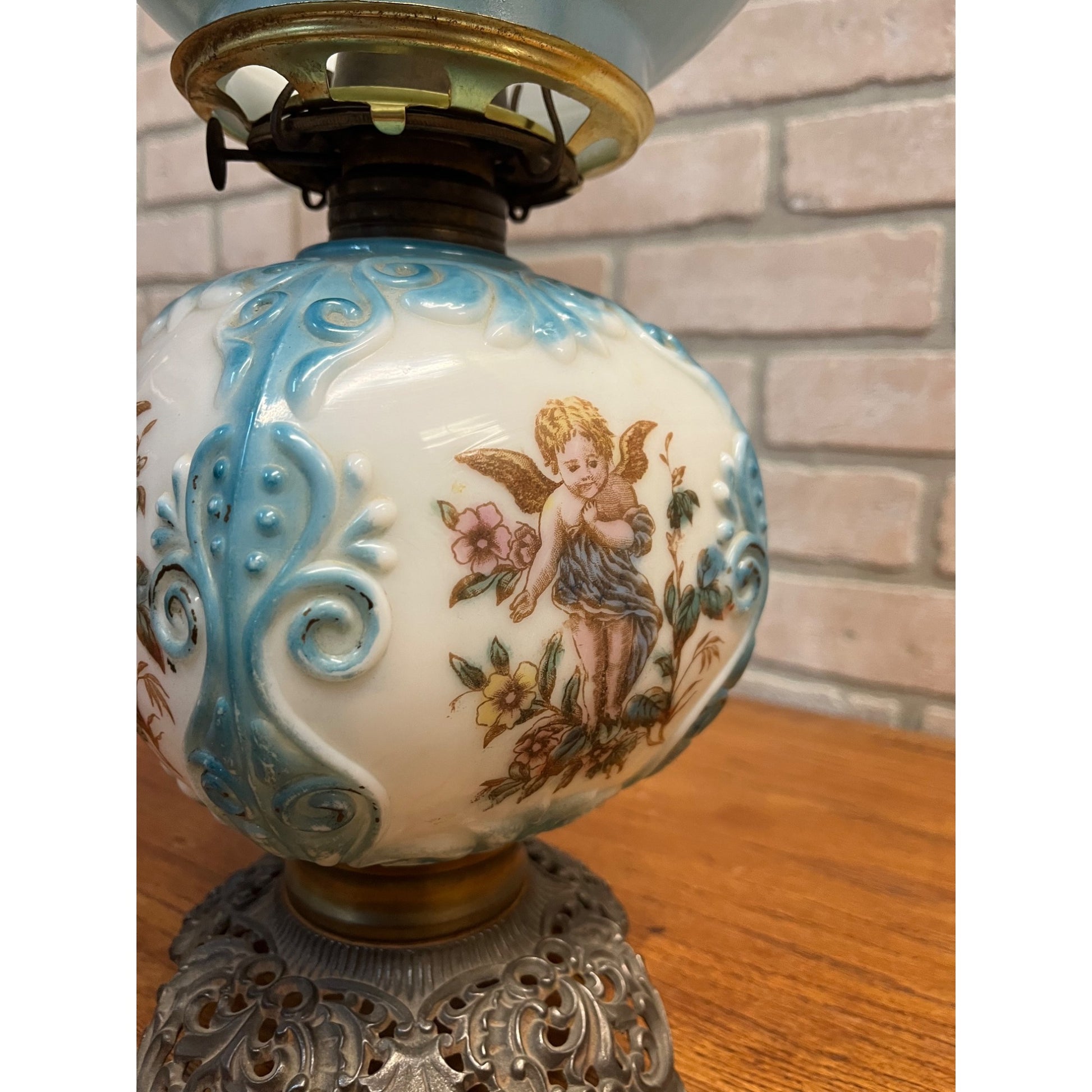 Antique Victorian 1880s Blue & White Milk Glass Cherub Parlor 17" Table Oil Lamp