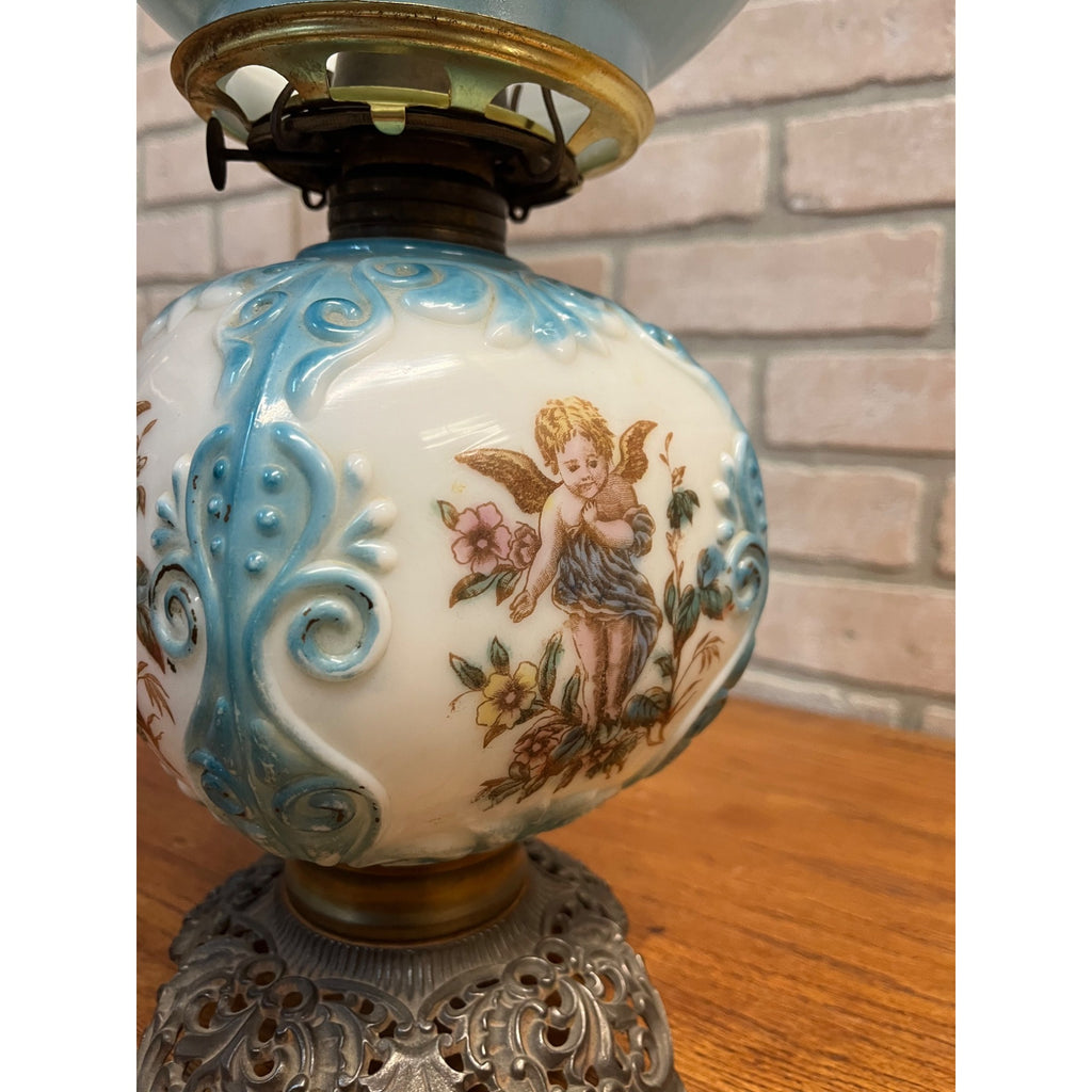 Antique Victorian 1880s Blue & White Milk Glass Cherub Parlor 17" Table Oil Lamp