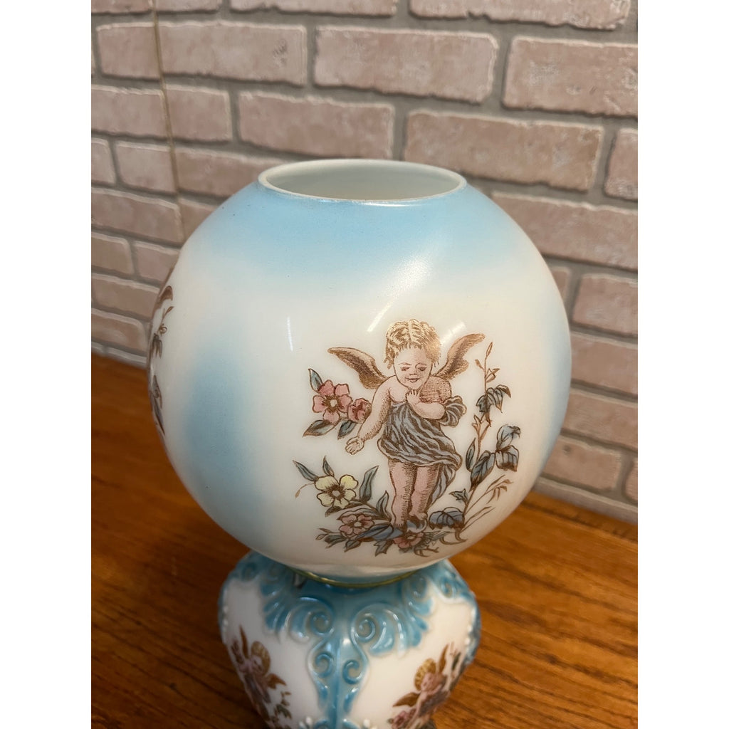 Antique Victorian 1880s Blue & White Milk Glass Cherub Parlor 17" Table Oil Lamp