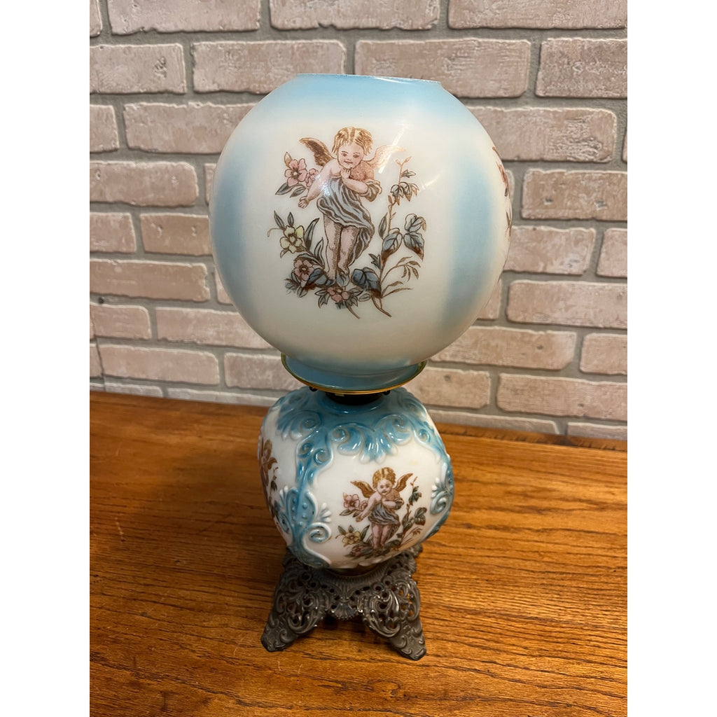 Antique Victorian 1880s Blue & White Milk Glass Cherub Parlor 17" Table Oil Lamp