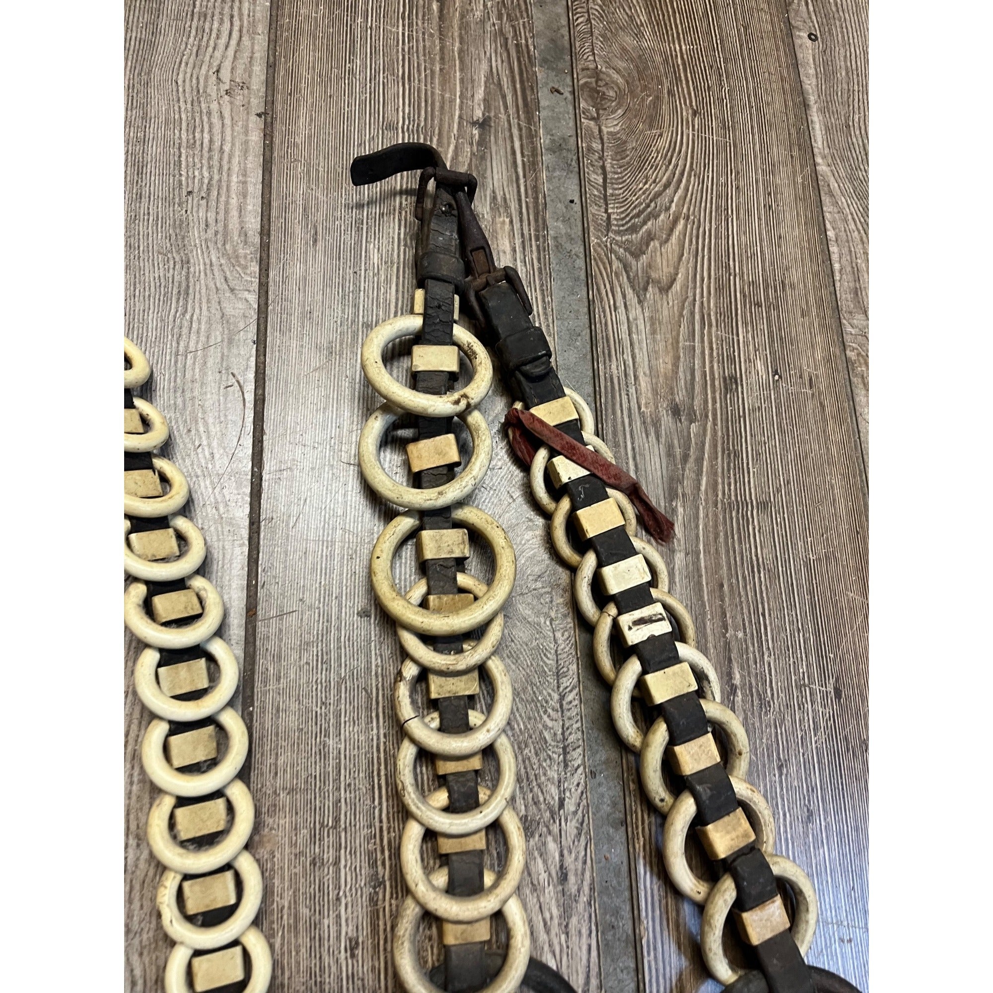 Vintage Huge Lot Draft Horse Harness Leather Line Spreader Rings Leather
