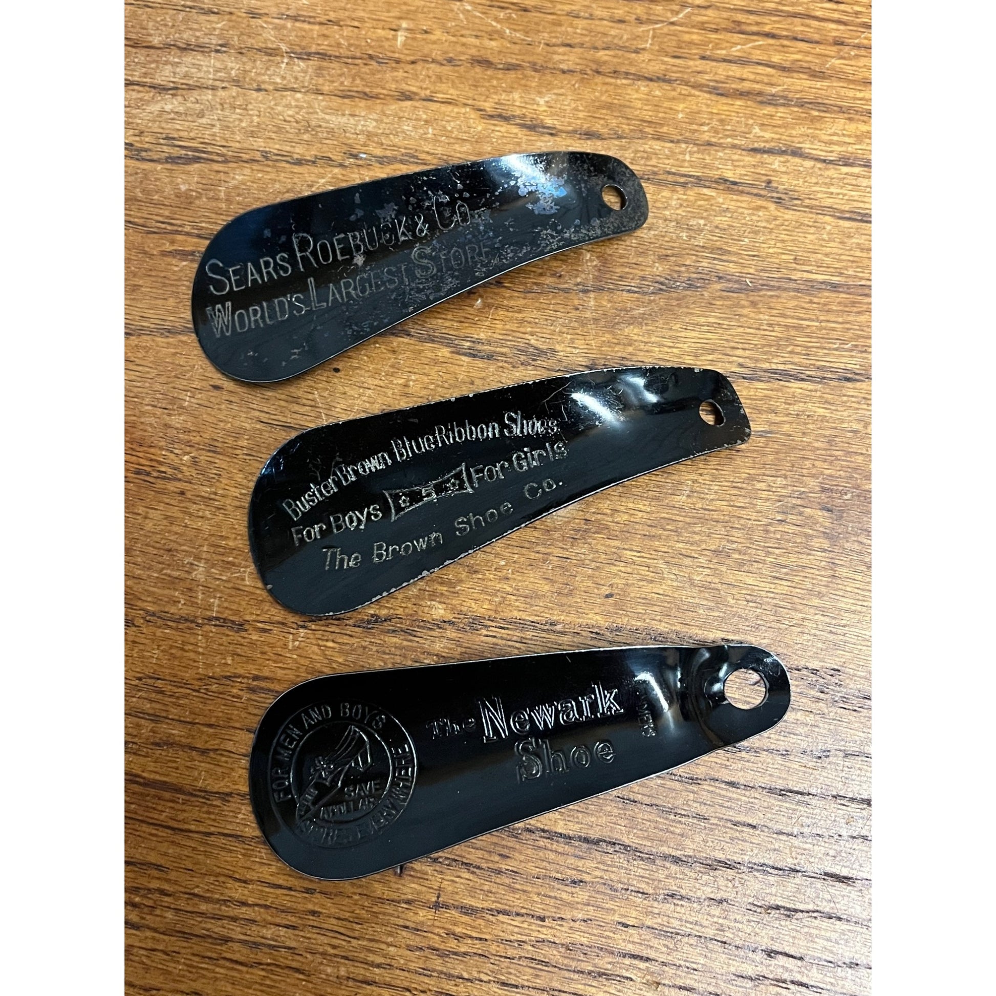 Vintage Lot (3) Tin Advertising Shoe Horns Sears Roebuck Buster Brown Newark