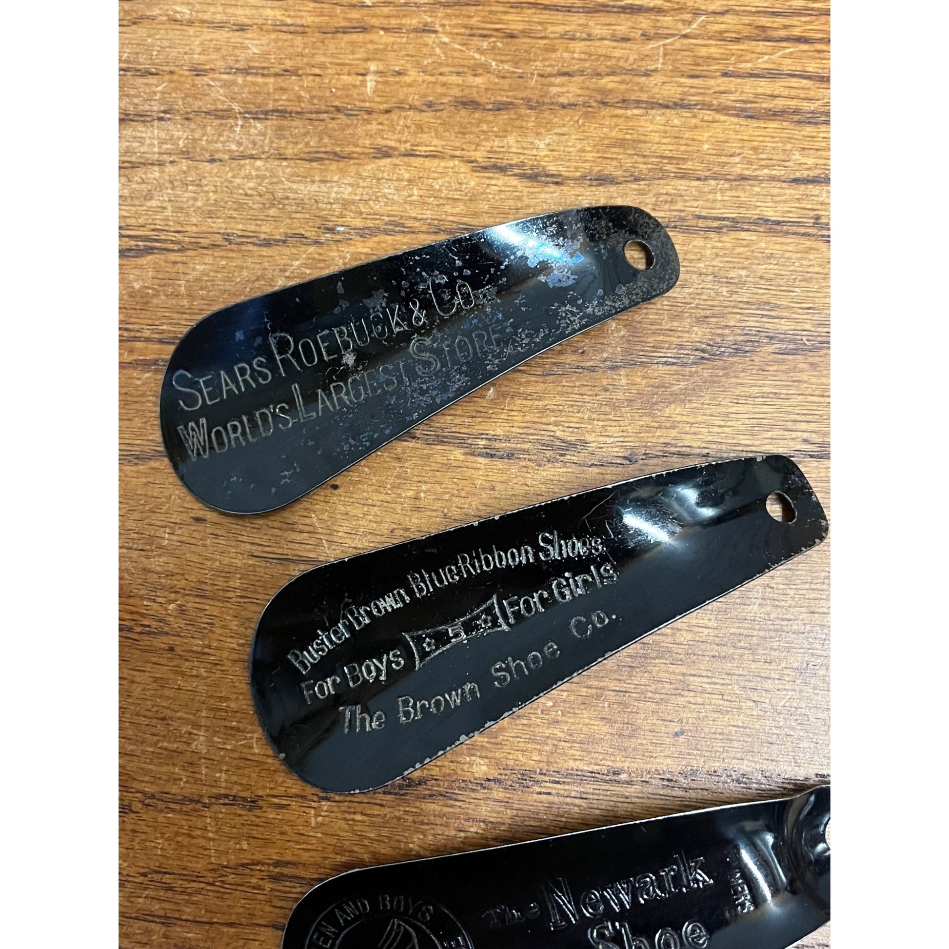 Vintage Lot (3) Tin Advertising Shoe Horns Sears Roebuck Buster Brown Newark