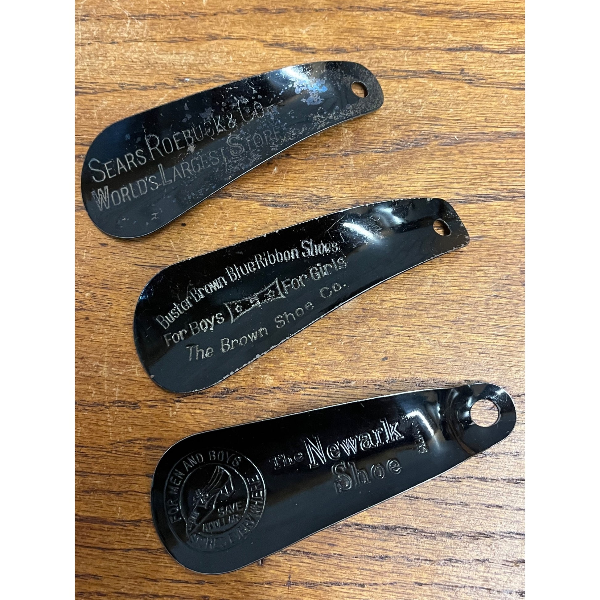 Vintage Lot (3) Tin Advertising Shoe Horns Sears Roebuck Buster Brown Newark