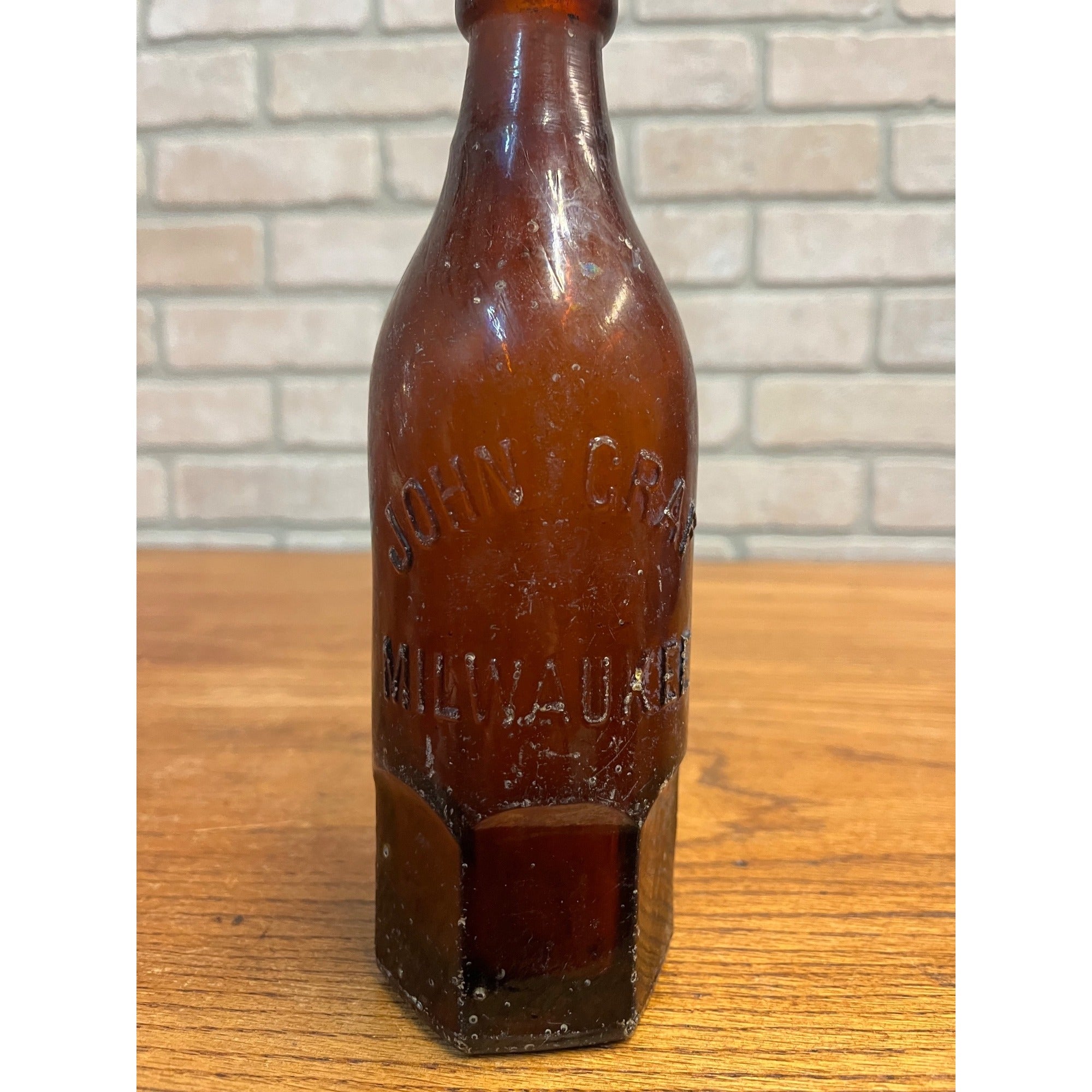 John Graf c1880s Milwaukee Wis Amber Brown Soda Bottle Blob Top Octagon Base
