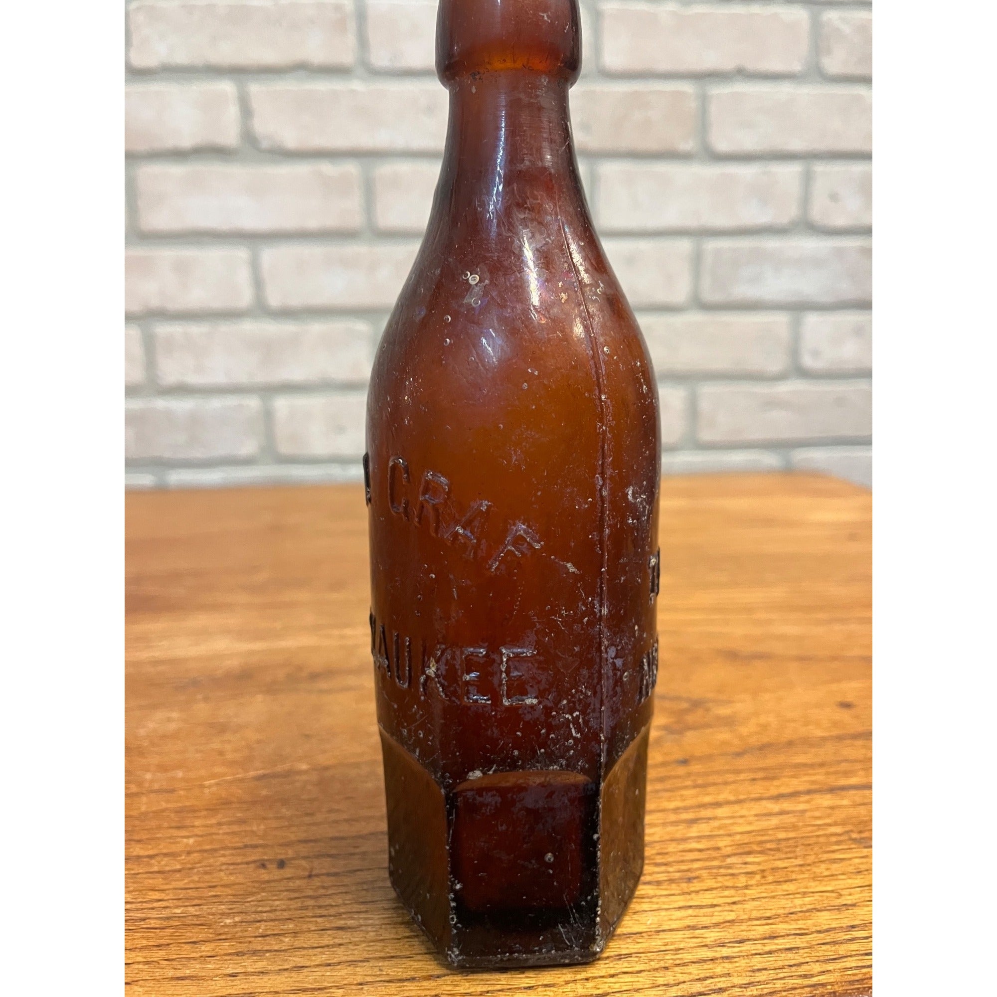 John Graf c1880s Milwaukee Wis Amber Brown Soda Bottle Blob Top Octagon Base