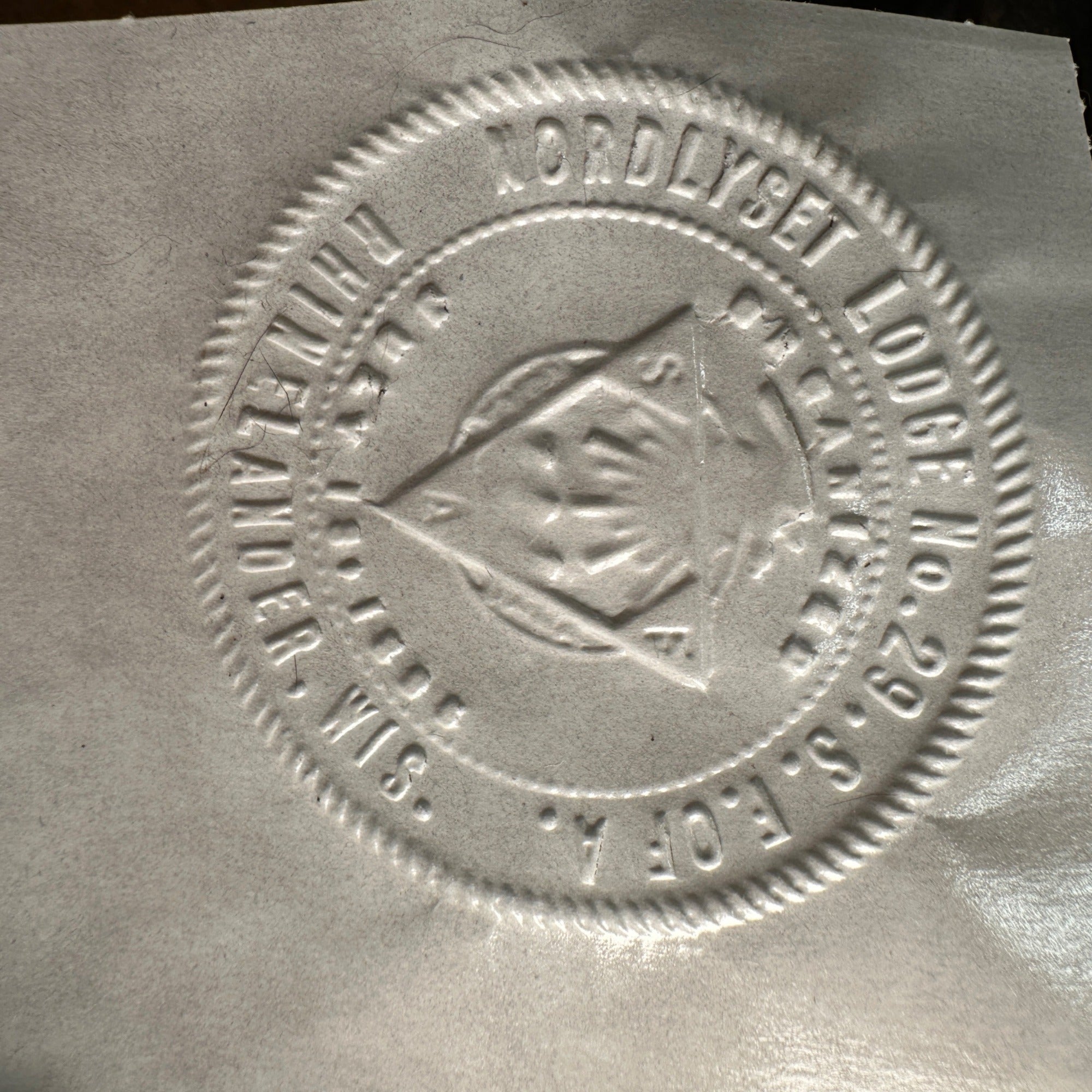Antique Cast Iron Notary Stamp Seal -Rhinelander Wis Nordlyset Lodge S.F of A