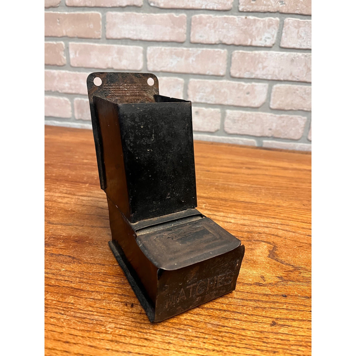 Vintage 1910s Tin Match Box Holder w/ Burnt Matches Receptacle Black Farmhouse Decor