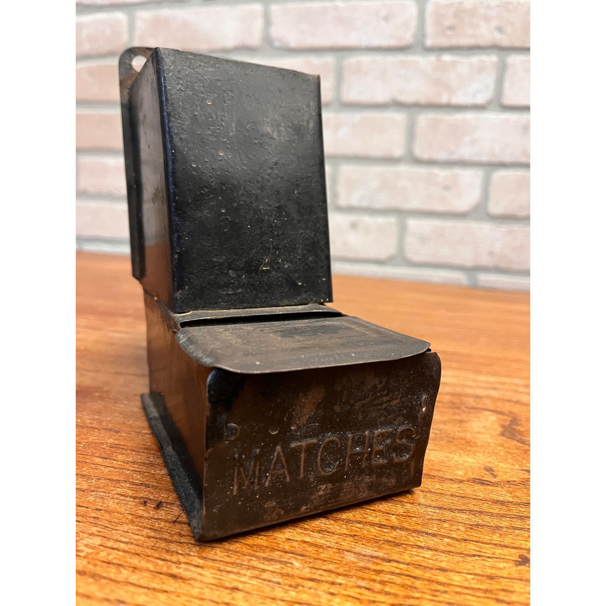 Vintage 1910s Tin Match Box Holder w/ Burnt Matches Receptacle Black Farmhouse Decor