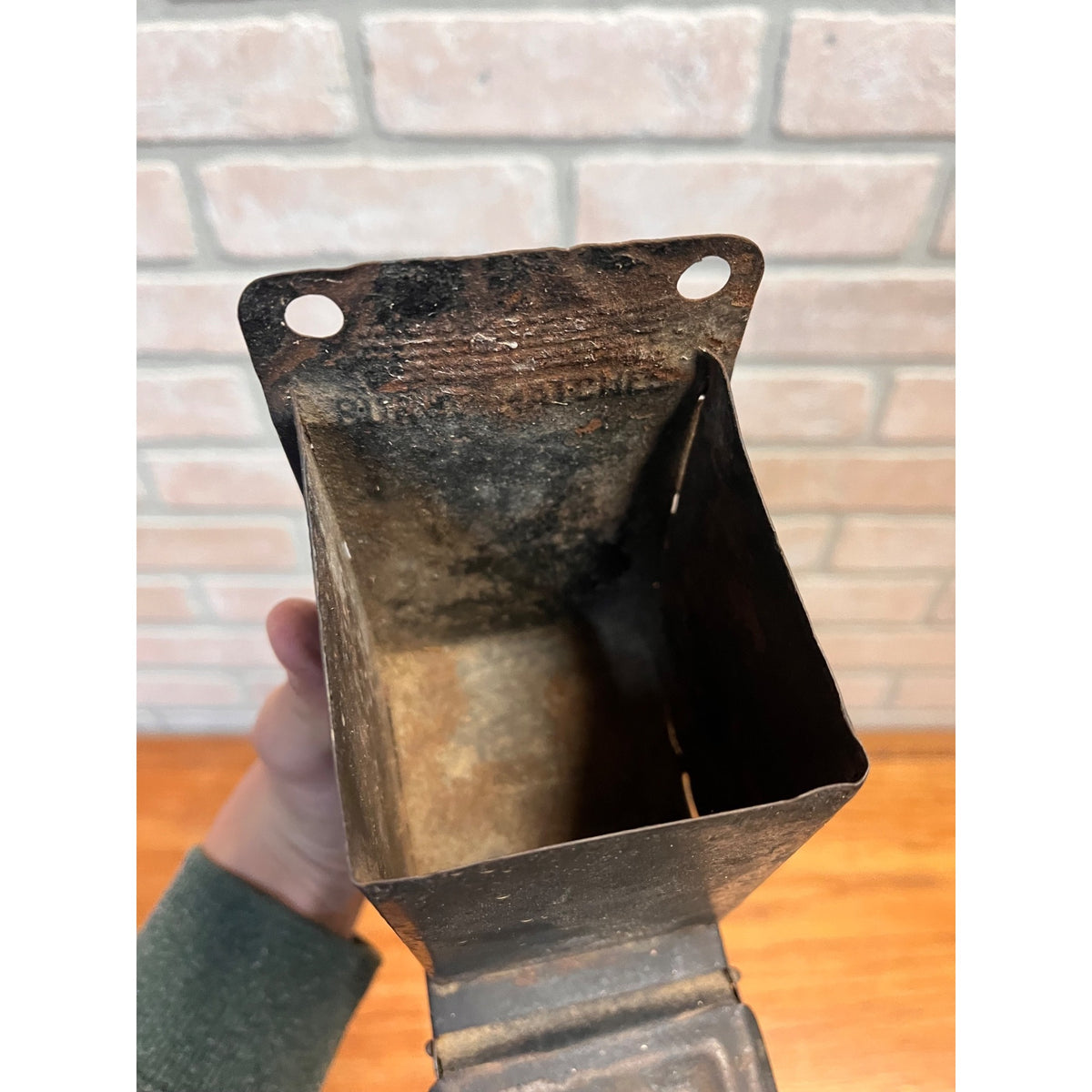 Vintage 1910s Tin Match Box Holder w/ Burnt Matches Receptacle Black Farmhouse Decor
