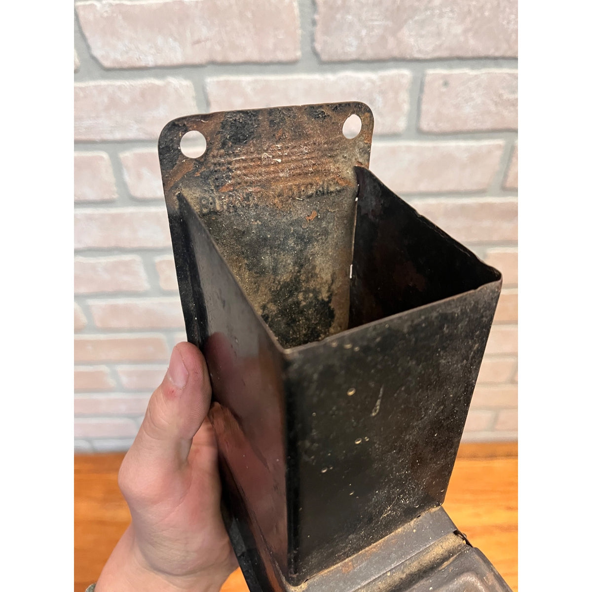 Vintage 1910s Tin Match Box Holder w/ Burnt Matches Receptacle Black Farmhouse Decor