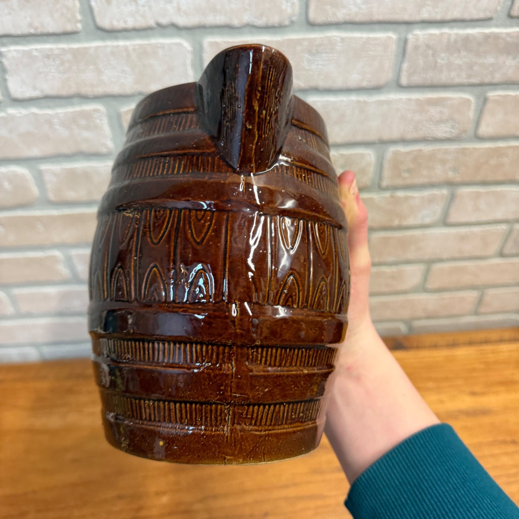 Vintage Stoneware Ceramic Pitcher Barrel Brown Beer Glazed