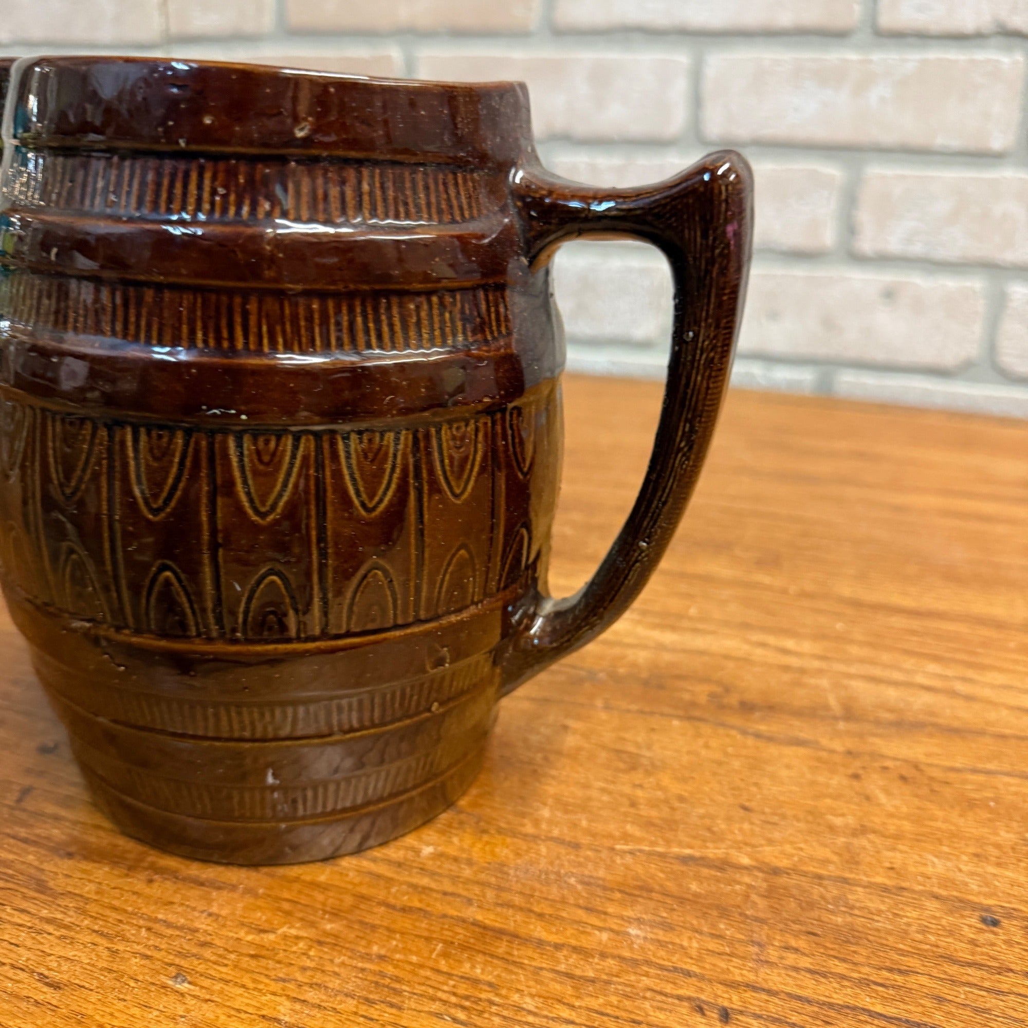 Vintage Stoneware Ceramic Pitcher Barrel Brown Beer Glazed