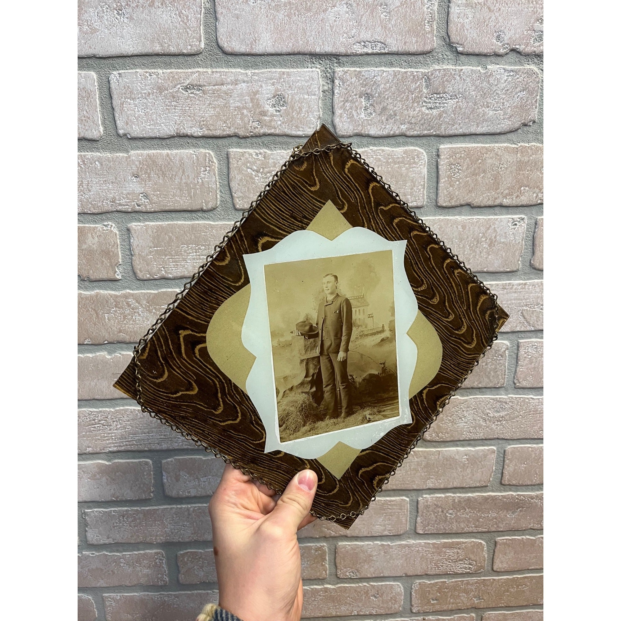 Antique Victorian Unusual Solid Glass Picture Frame w/ Photo Wood Grain Pattern