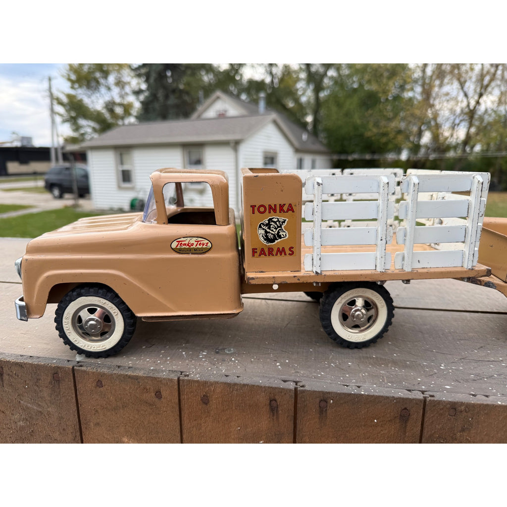 Vintage Tonka Farms Brown Stake Bed Truck & Trailer Pressed Steel Toy