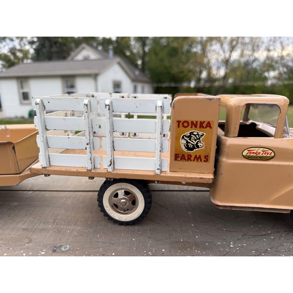 Vintage Tonka Farms Brown Stake Bed Truck & Trailer Pressed Steel Toy