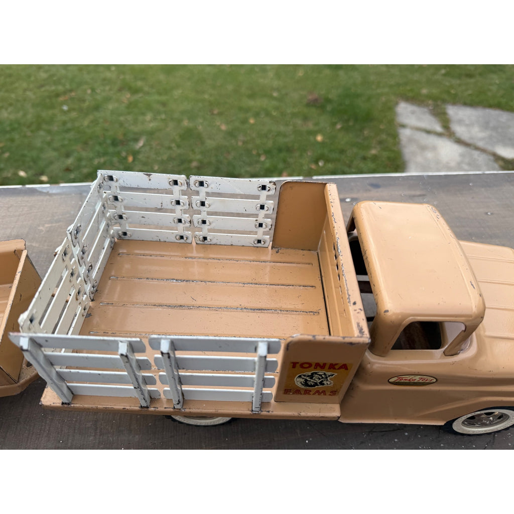 Vintage Tonka Farms Brown Stake Bed Truck & Trailer Pressed Steel Toy