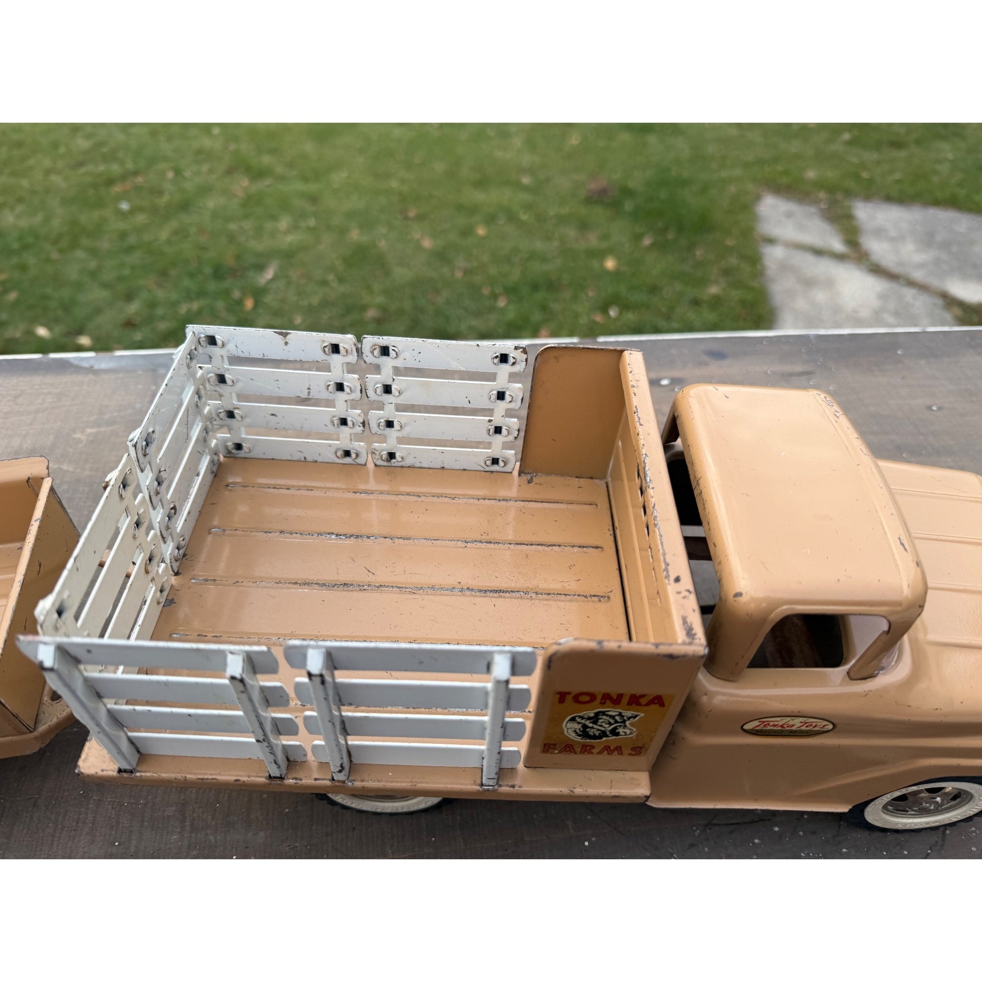 Vintage Tonka Farms Brown Stake Bed Truck & Trailer Pressed Steel Toy