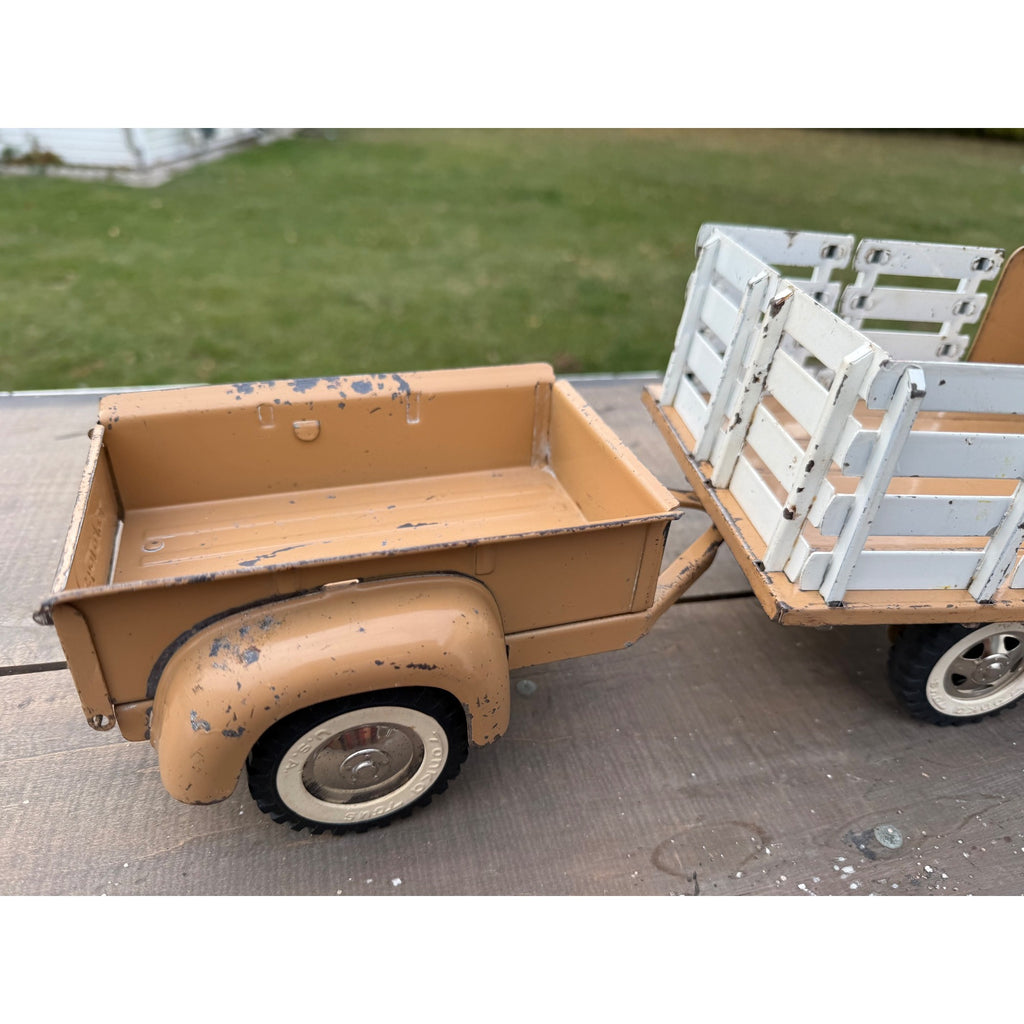 Vintage Tonka Farms Brown Stake Bed Truck & Trailer Pressed Steel Toy