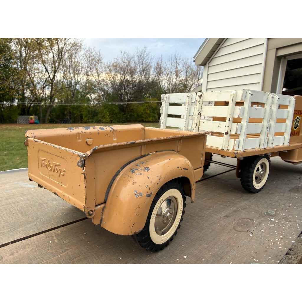 Vintage Tonka Farms Brown Stake Bed Truck & Trailer Pressed Steel Toy