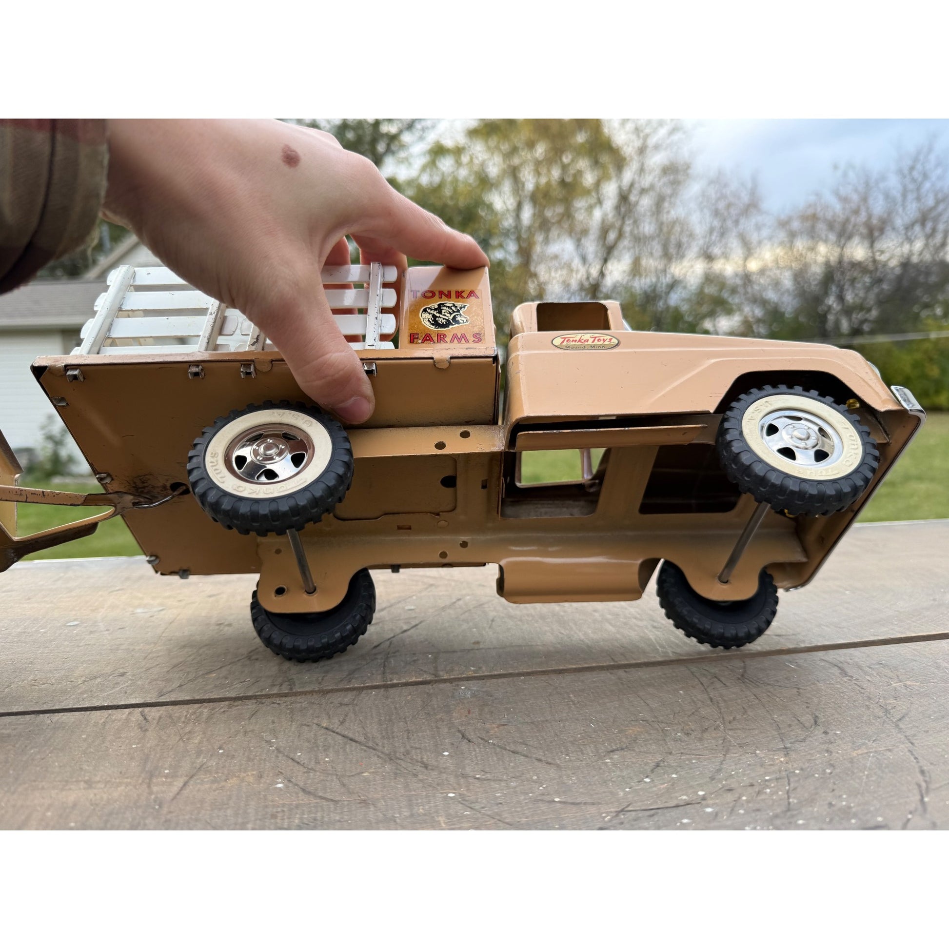 Vintage Tonka Farms Brown Stake Bed Truck & Trailer Pressed Steel Toy