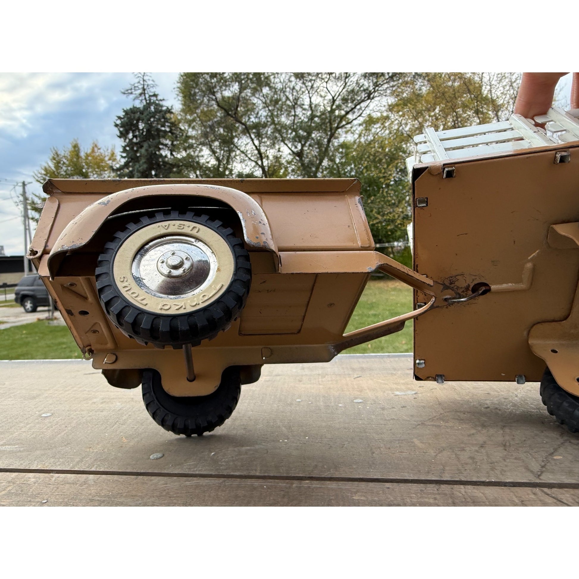 Vintage Tonka Farms Brown Stake Bed Truck & Trailer Pressed Steel Toy