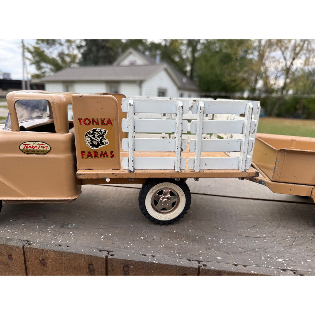 Vintage Tonka Farms Brown Stake Bed Truck & Trailer Pressed Steel Toy