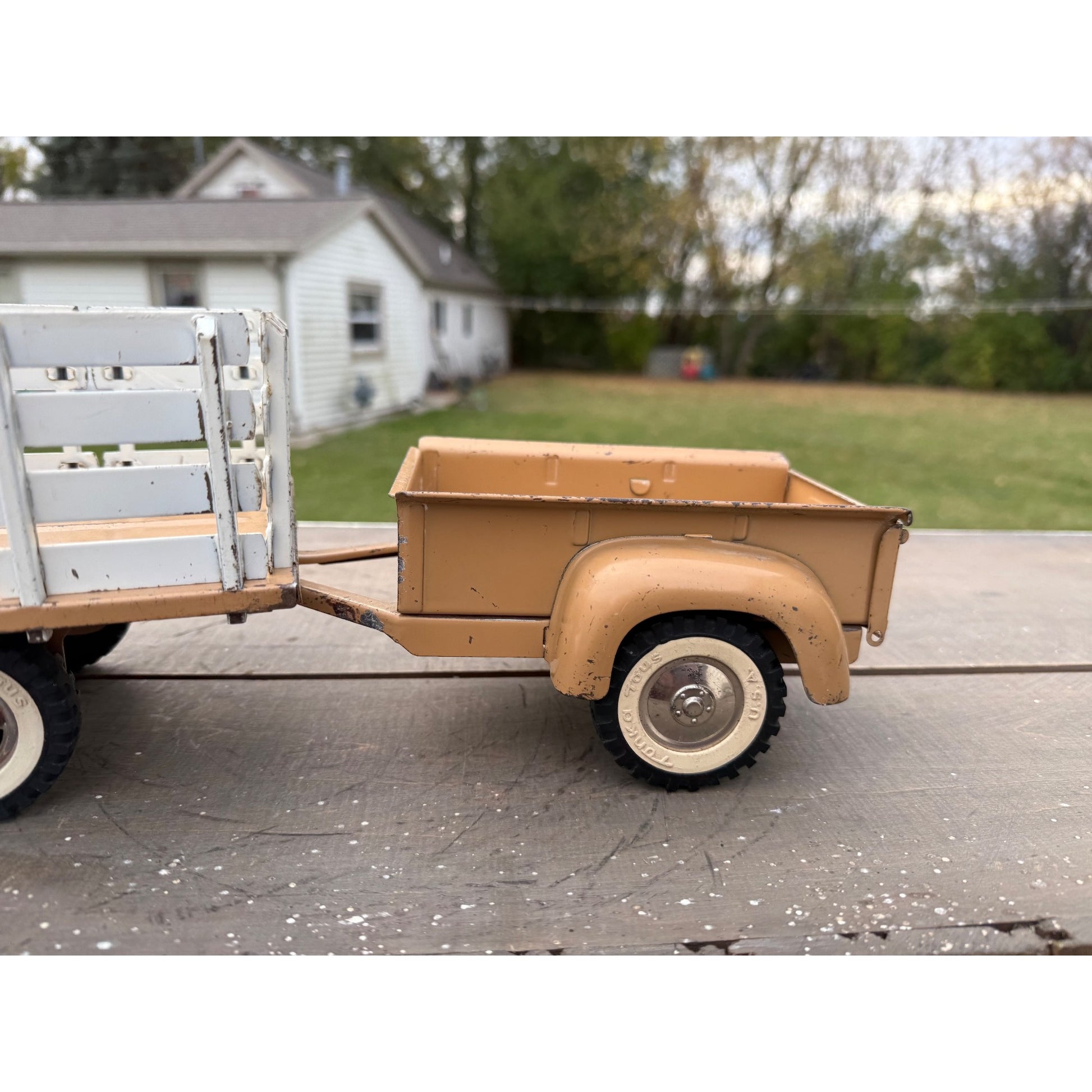 Vintage Tonka Farms Brown Stake Bed Truck & Trailer Pressed Steel Toy